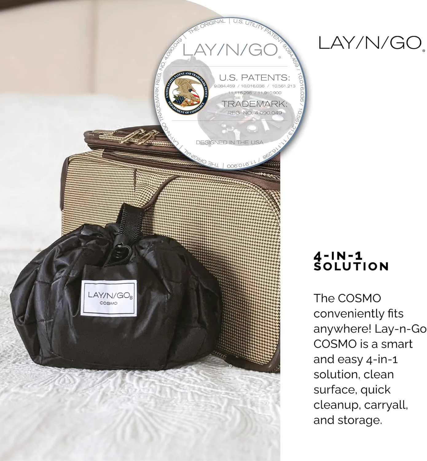 Lay-n-Go Cosmo Drawstring Cosmetic & Makeup Bag Organizer - Portable Drawstring Makeup Bag w/Zipper Pocket, Makeup Loops & More - Durable, Machine Washable Toiletry Bag for Travel (20", Navy/Green)