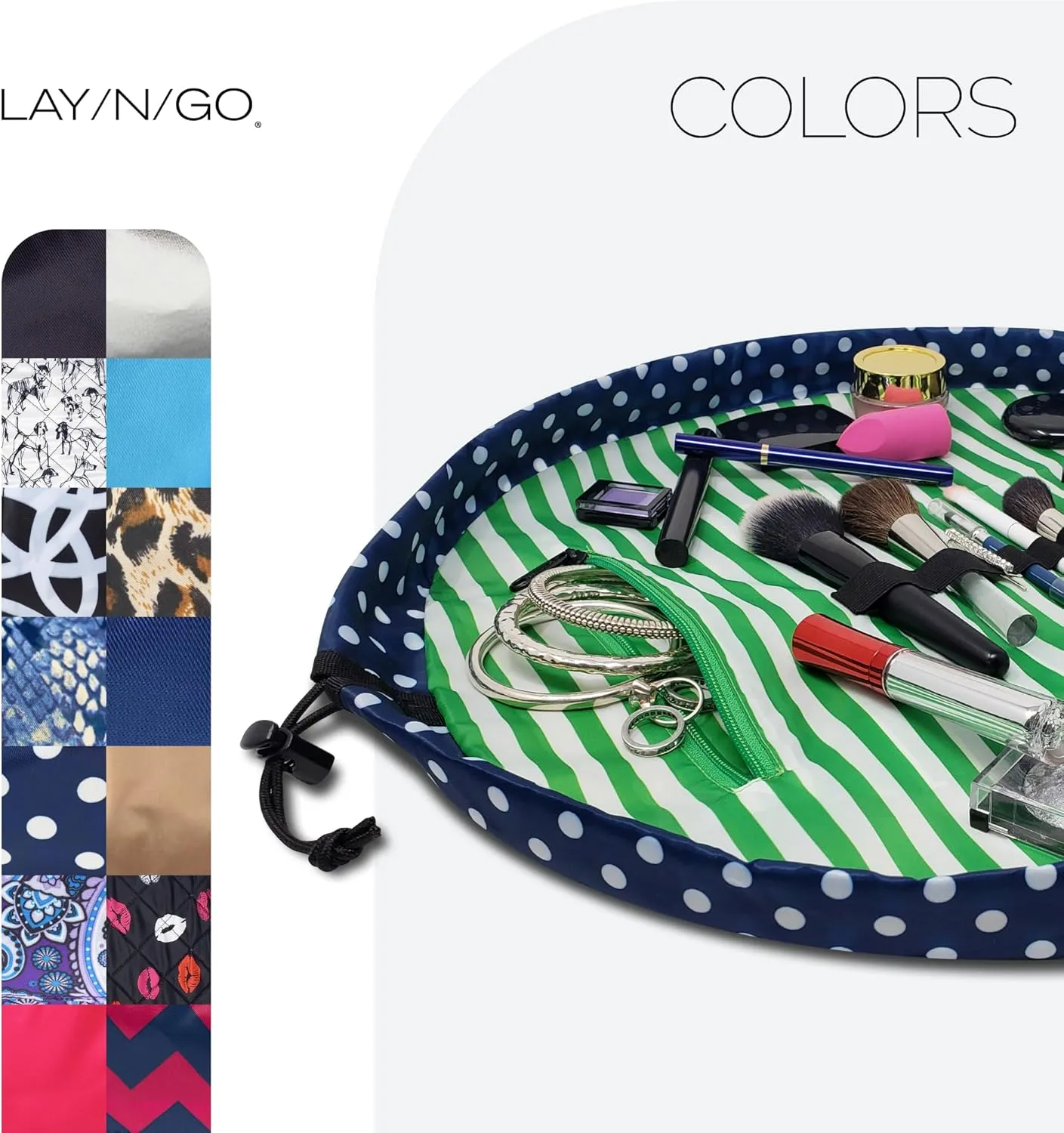 Lay-n-Go Cosmo Drawstring Cosmetic & Makeup Bag Organizer - Portable Drawstring Makeup Bag w/Zipper Pocket, Makeup Loops & More - Durable, Machine Washable Toiletry Bag for Travel (20", Navy/Green)