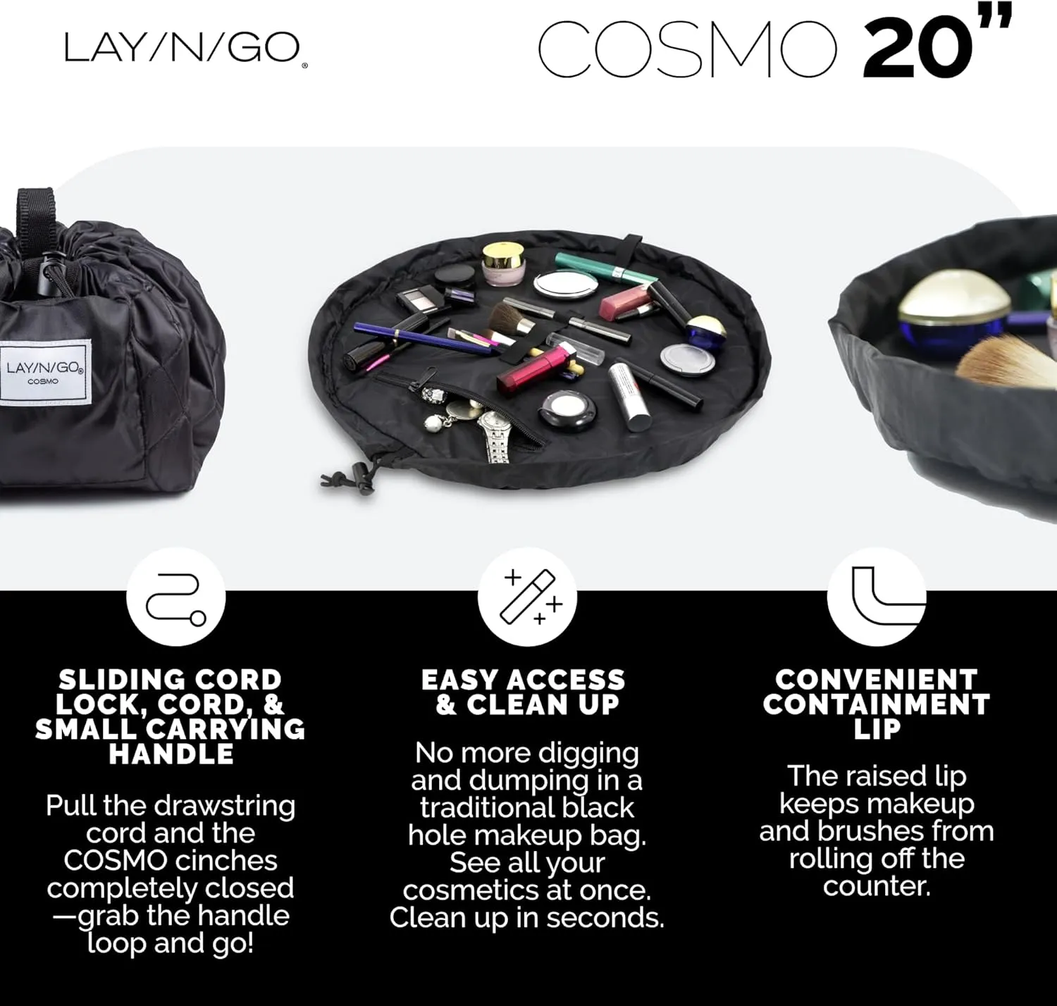 Lay-n-Go Cosmo Drawstring Cosmetic & Makeup Bag Organizer - Portable Drawstring Makeup Bag w/Zipper Pocket, Makeup Loops & More - Durable, Machine Washable Toiletry Bag for Travel (20", Navy/Green)