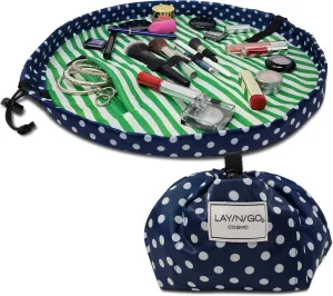Lay-n-Go Cosmo Drawstring Cosmetic & Makeup Bag Organizer - Portable Drawstring Makeup Bag w/Zipper Pocket, Makeup Loops & More - Durable, Machine Washable Toiletry Bag for Travel (20", Navy/Green)