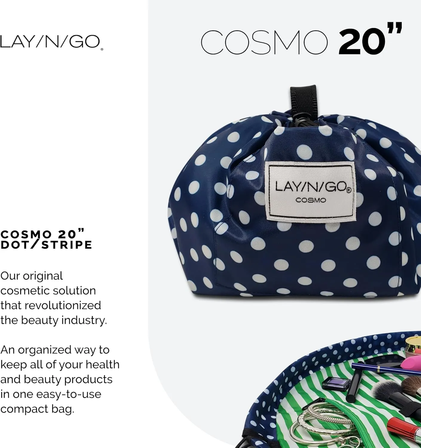 Lay-n-Go Cosmo Drawstring Cosmetic & Makeup Bag Organizer - Portable Drawstring Makeup Bag w/Zipper Pocket, Makeup Loops & More - Durable, Machine Washable Toiletry Bag for Travel (20", Navy/Green)