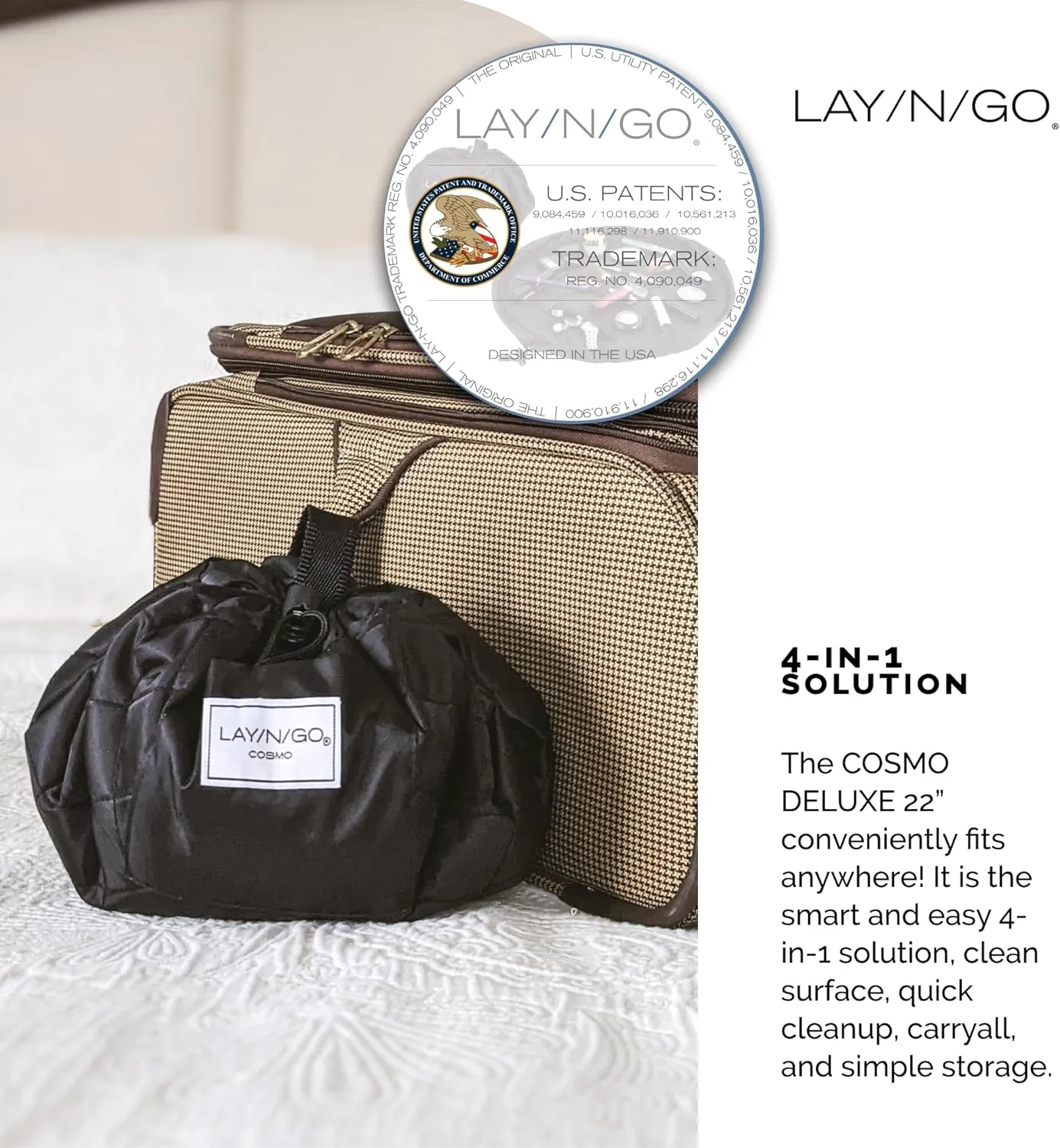 Lay-n-Go Cosmo Drawstring Cosmetic & Makeup Bag Organizer - Portable Drawstring Makeup Bag w/Zipper Pocket, Makeup Loops & More - Durable, Machine Washable Toiletry Bag for Travel (22", Black)