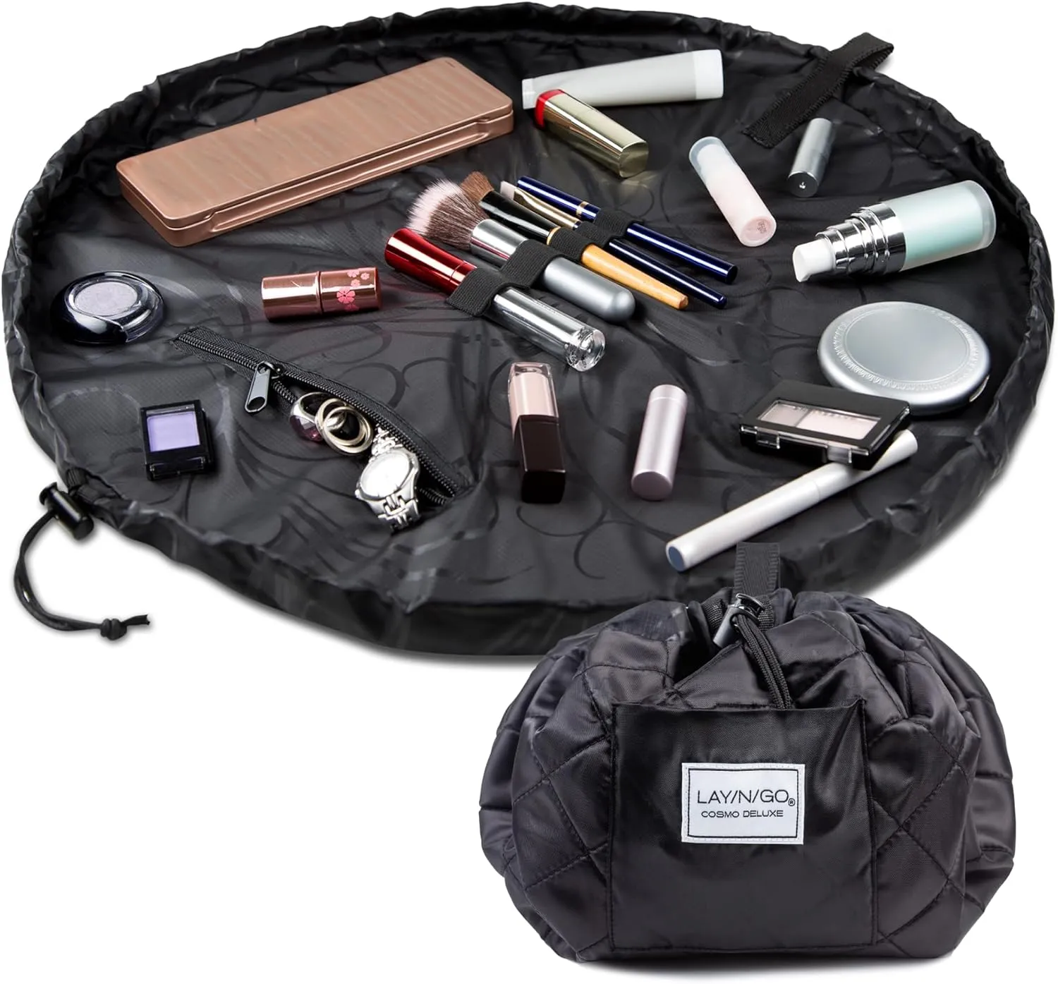 Lay-n-Go Cosmo Drawstring Cosmetic & Makeup Bag Organizer - Portable Drawstring Makeup Bag w/Zipper Pocket, Makeup Loops & More - Durable, Machine Washable Toiletry Bag for Travel (22", Black)
