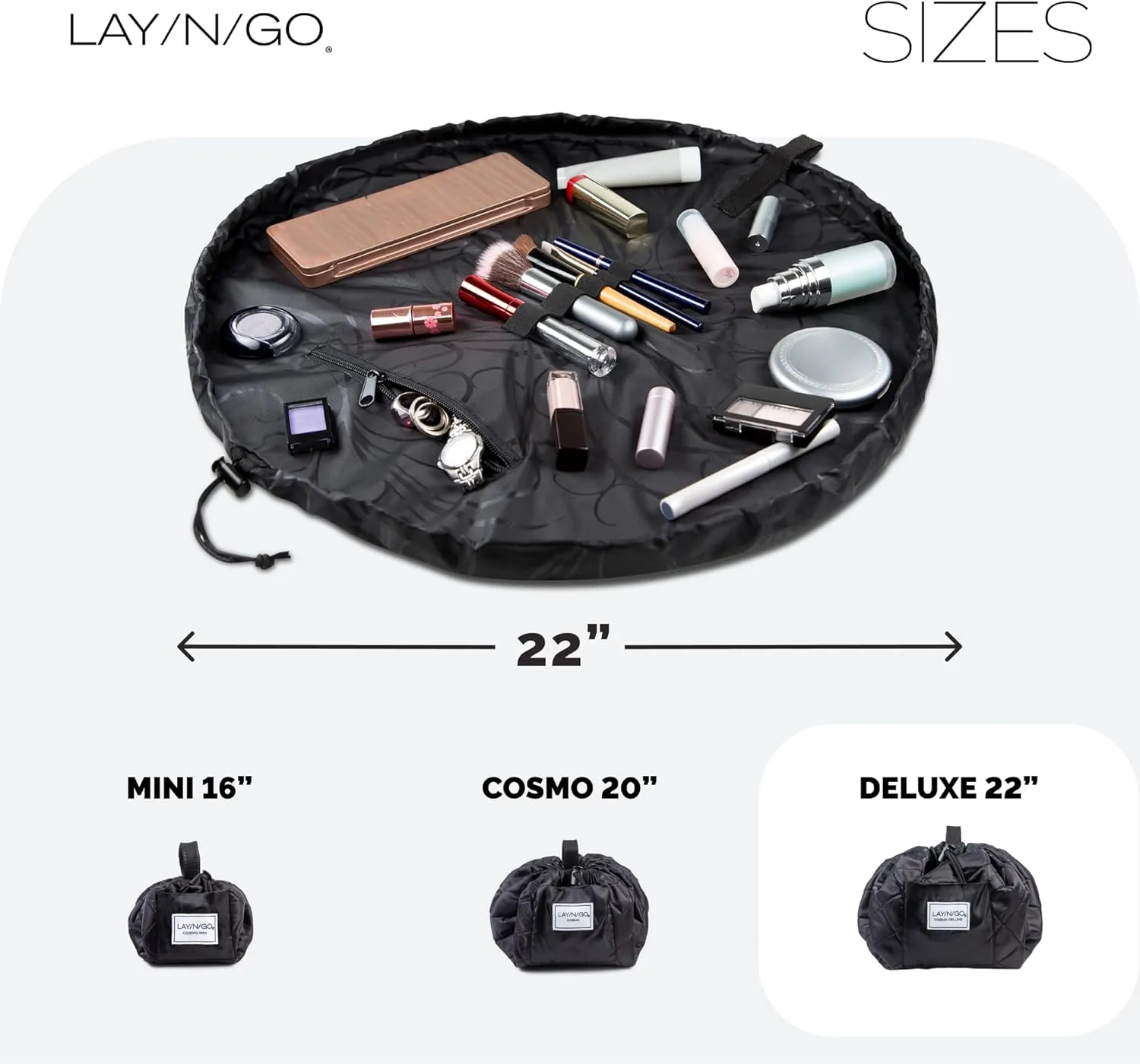 Lay-n-Go Cosmo Drawstring Cosmetic & Makeup Bag Organizer - Portable Drawstring Makeup Bag w/Zipper Pocket, Makeup Loops & More - Durable, Machine Washable Toiletry Bag for Travel (22", Black)