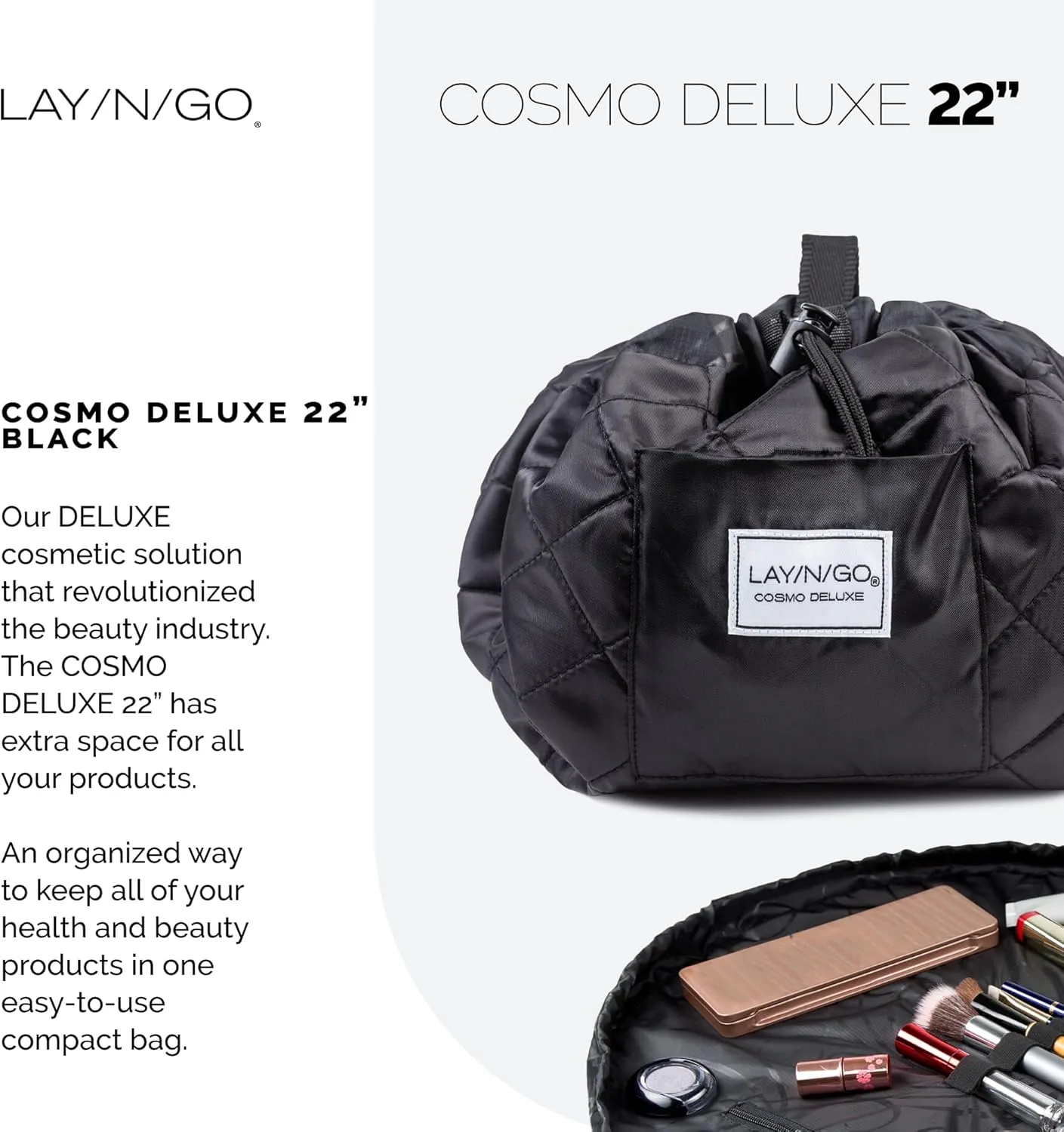 Lay-n-Go Cosmo Drawstring Cosmetic & Makeup Bag Organizer - Portable Drawstring Makeup Bag w/Zipper Pocket, Makeup Loops & More - Durable, Machine Washable Toiletry Bag for Travel (22", Black)