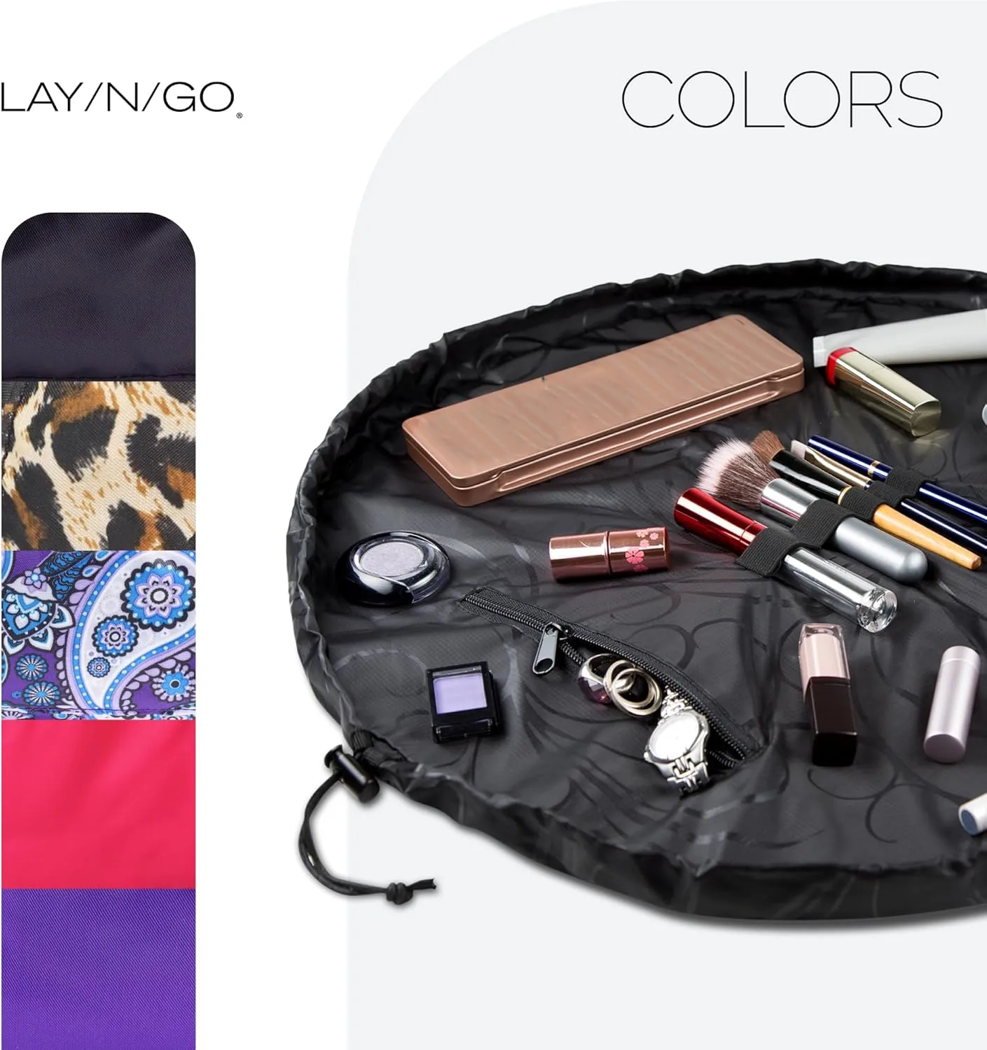Lay-n-Go Cosmo Drawstring Cosmetic & Makeup Bag Organizer - Portable Drawstring Makeup Bag w/Zipper Pocket, Makeup Loops & More - Durable, Machine Washable Toiletry Bag for Travel (22", Black)