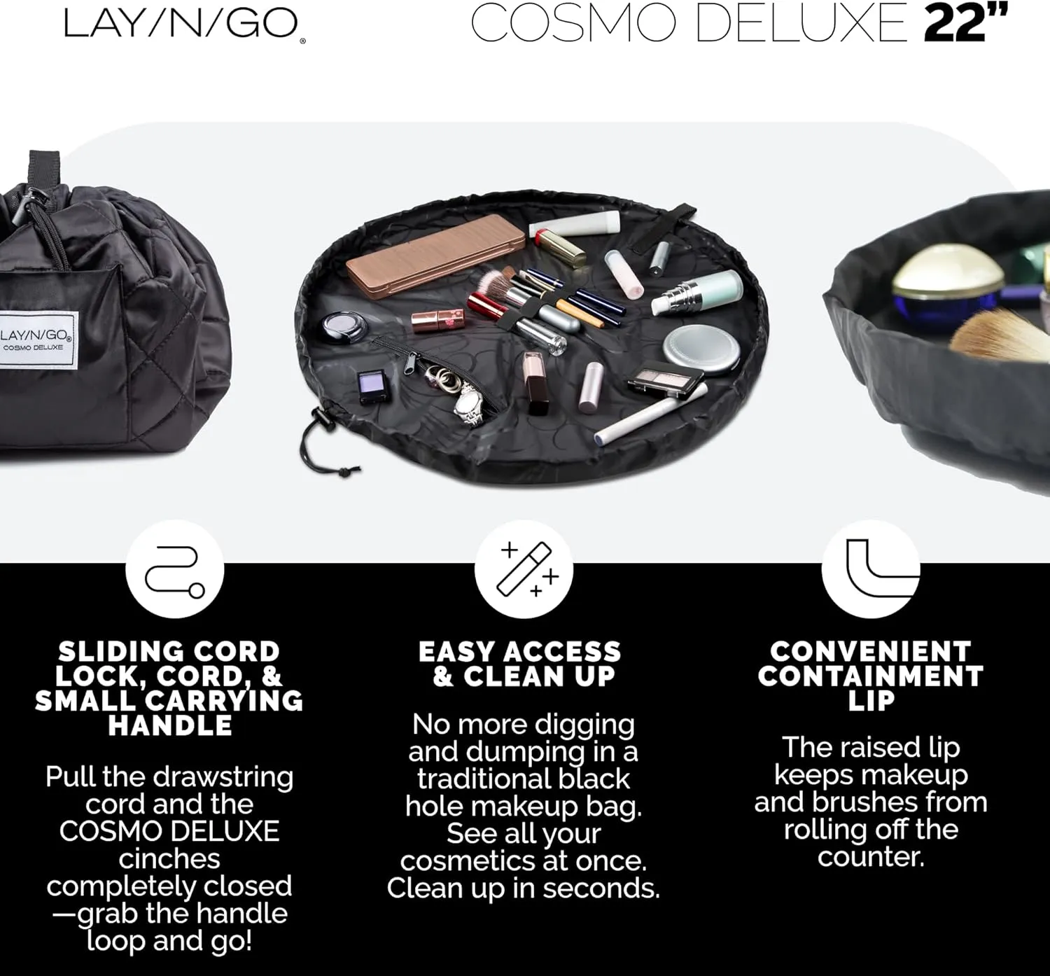Lay-n-Go Cosmo Drawstring Cosmetic & Makeup Bag Organizer - Portable Drawstring Makeup Bag w/Zipper Pocket, Makeup Loops & More - Durable, Machine Washable Toiletry Bag for Travel (22", Black)