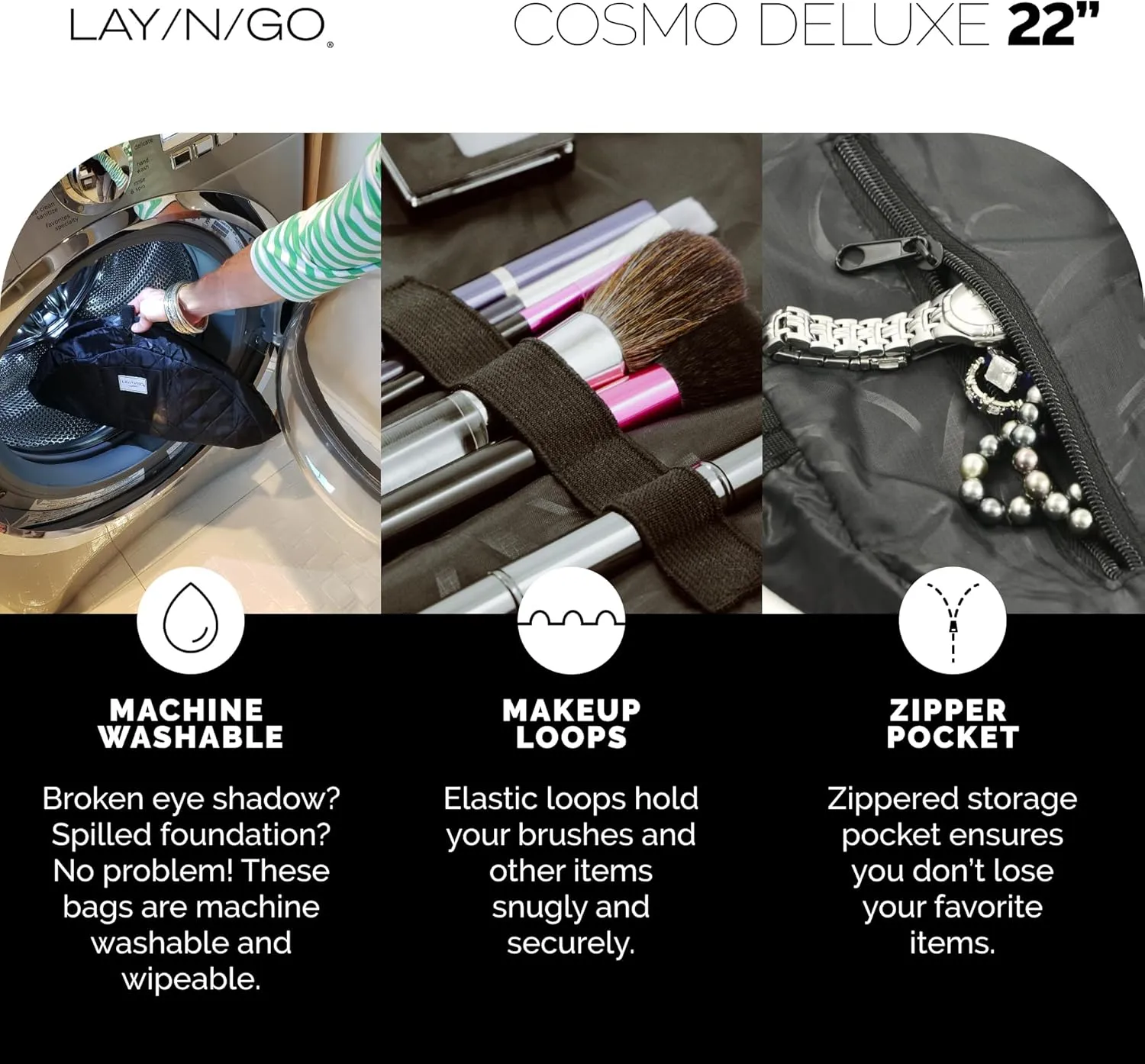 Lay-n-Go Cosmo Drawstring Cosmetic & Makeup Bag Organizer - Portable Drawstring Makeup Bag w/Zipper Pocket, Makeup Loops & More - Durable, Machine Washable Toiletry Bag for Travel (22", Black)