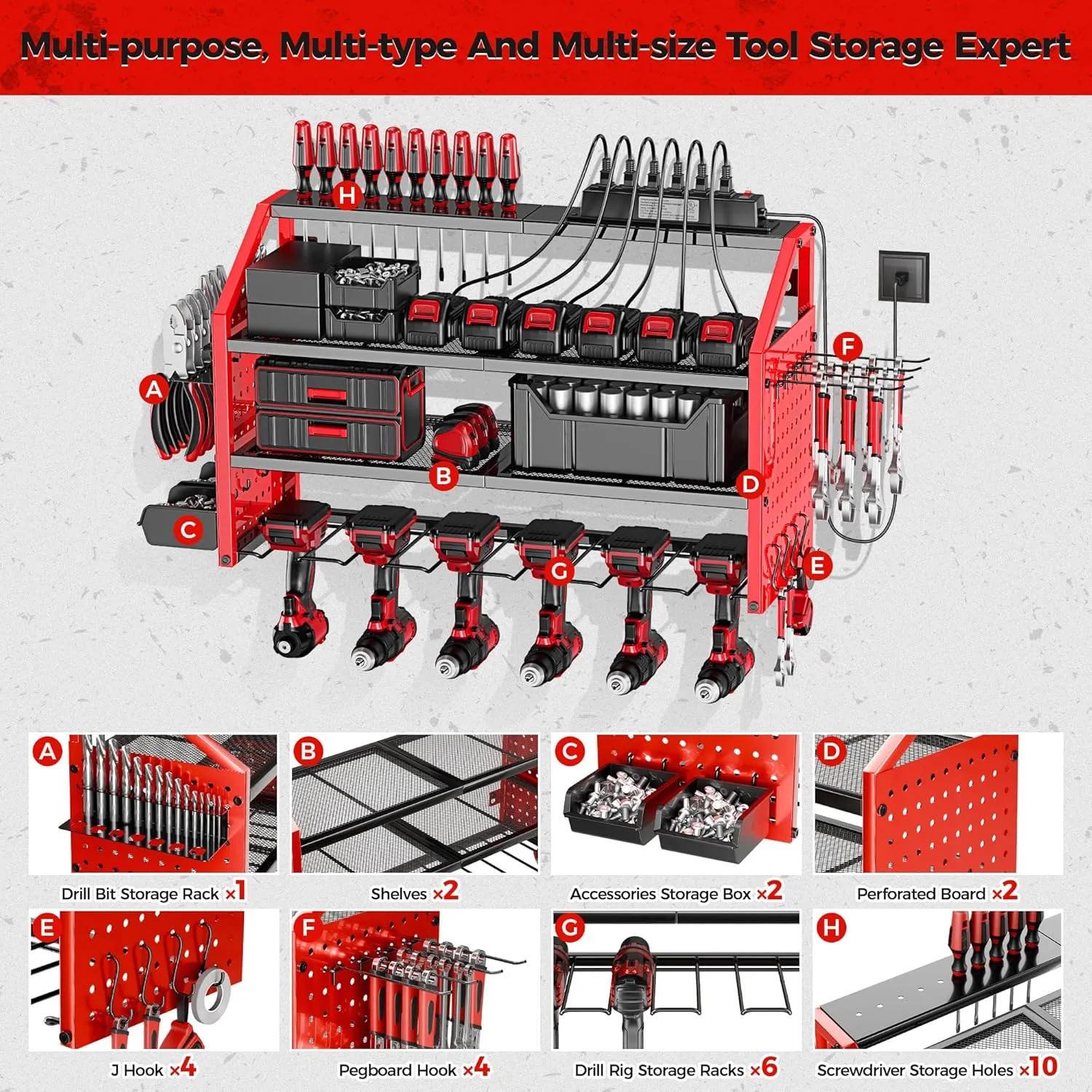 LBT Power Tool Organizer With Charging Station,Patented,Heavy Duty Steel,6 Drilling Rig Sizes With Hooks And Screw Boxes,6 sockets,Easy To Install Garage Storage Rack,Great Gift For Men, Red