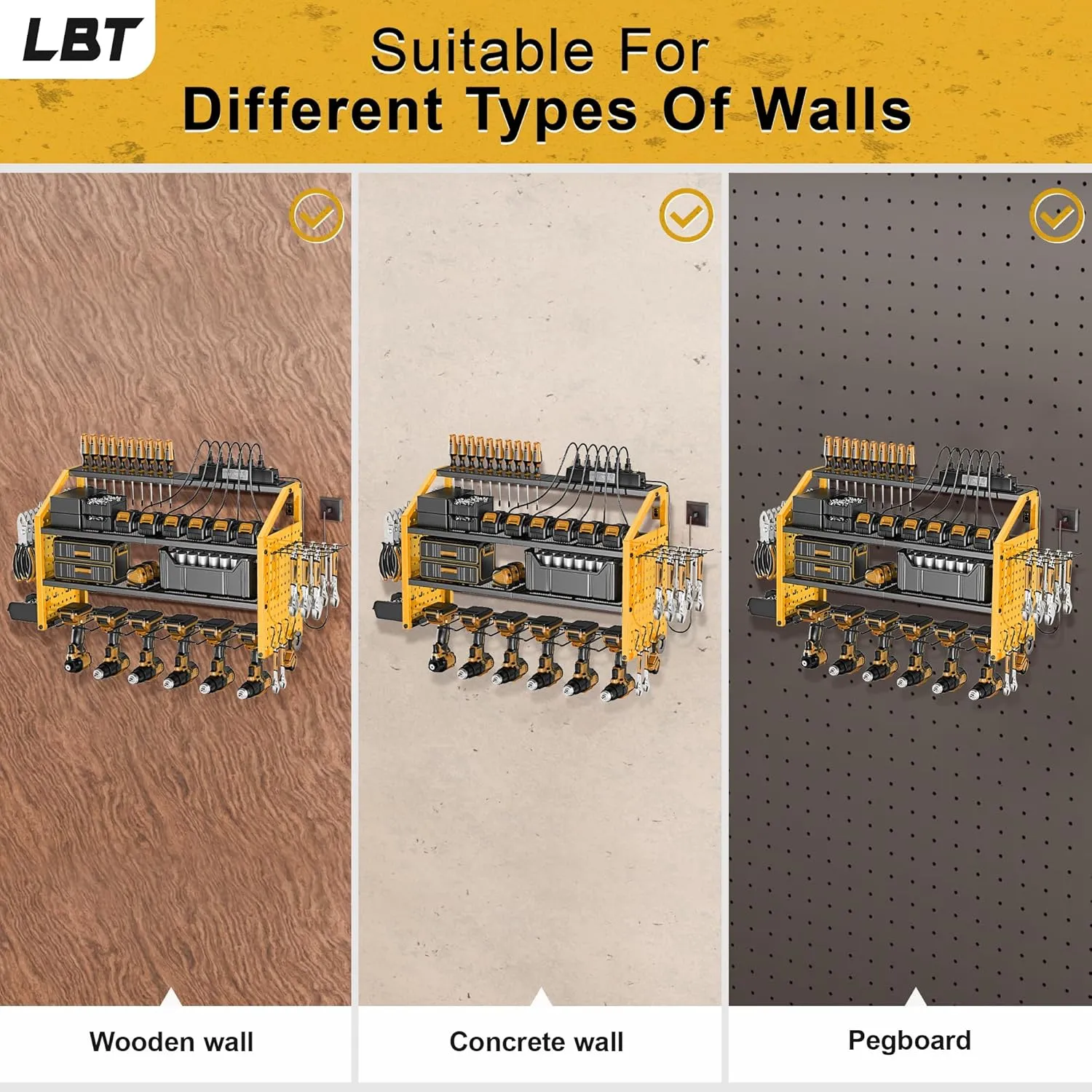 LBT Power Tool Organizer With Charging Station,Patented,Heavy Duty Steel,6 Drilling Rig Sizes With Hooks And Screw Boxes,6 sockets,Easy To Install Garage Storage Rack,Great Gift For Men, Yellow