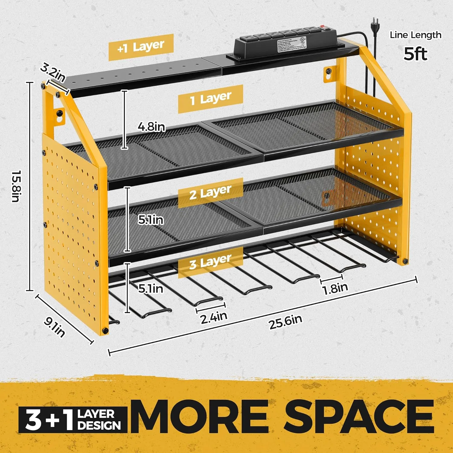 LBT Power Tool Organizer With Charging Station,Patented,Heavy Duty Steel,6 Drilling Rig Sizes With Hooks And Screw Boxes,6 sockets,Easy To Install Garage Storage Rack,Great Gift For Men, Yellow