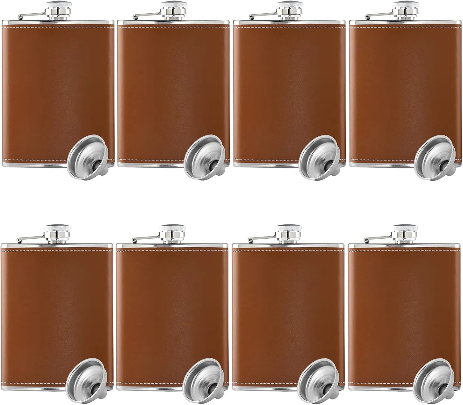 Leather Hip Flask Stainless Steel with Funnel for Gift, Camping, Wedding Party, 8 Oz, Set of 8