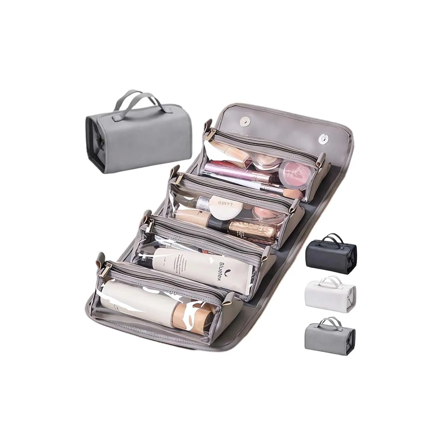 Leather Waterproof Cosmetic Bag detachable 4 in 1-Waterproof Travel Toiletry Bag for Women, Portable 4-in-1 Foldable Clear Multi Compartment Hanging Makeup Bag, Large Roll Up Toiletry Bag (Grey)