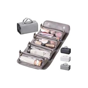 Leather Waterproof Cosmetic Bag detachable 4 in 1-Waterproof Travel Toiletry Bag for Women, Portable 4-in-1 Foldable Clear Multi Compartment Hanging Makeup Bag, Large Roll Up Toiletry Bag (Grey)