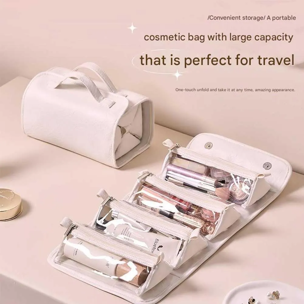 Leather Waterproof Cosmetic Bag detachable 4 in 1-Waterproof Travel Toiletry Bag for Women, Portable 4-in-1 Foldable Clear Multi Compartment Hanging Makeup Bag, Large Roll Up Toiletry Bag (Grey)