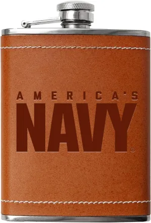 Leather Wrapped 8 oz Navy Flask | Stainless Steel USN Hip Flask for Liquor – Tobacco Brown, US Navy Gifts | Disabled USMC Vet Owned SMALL Business