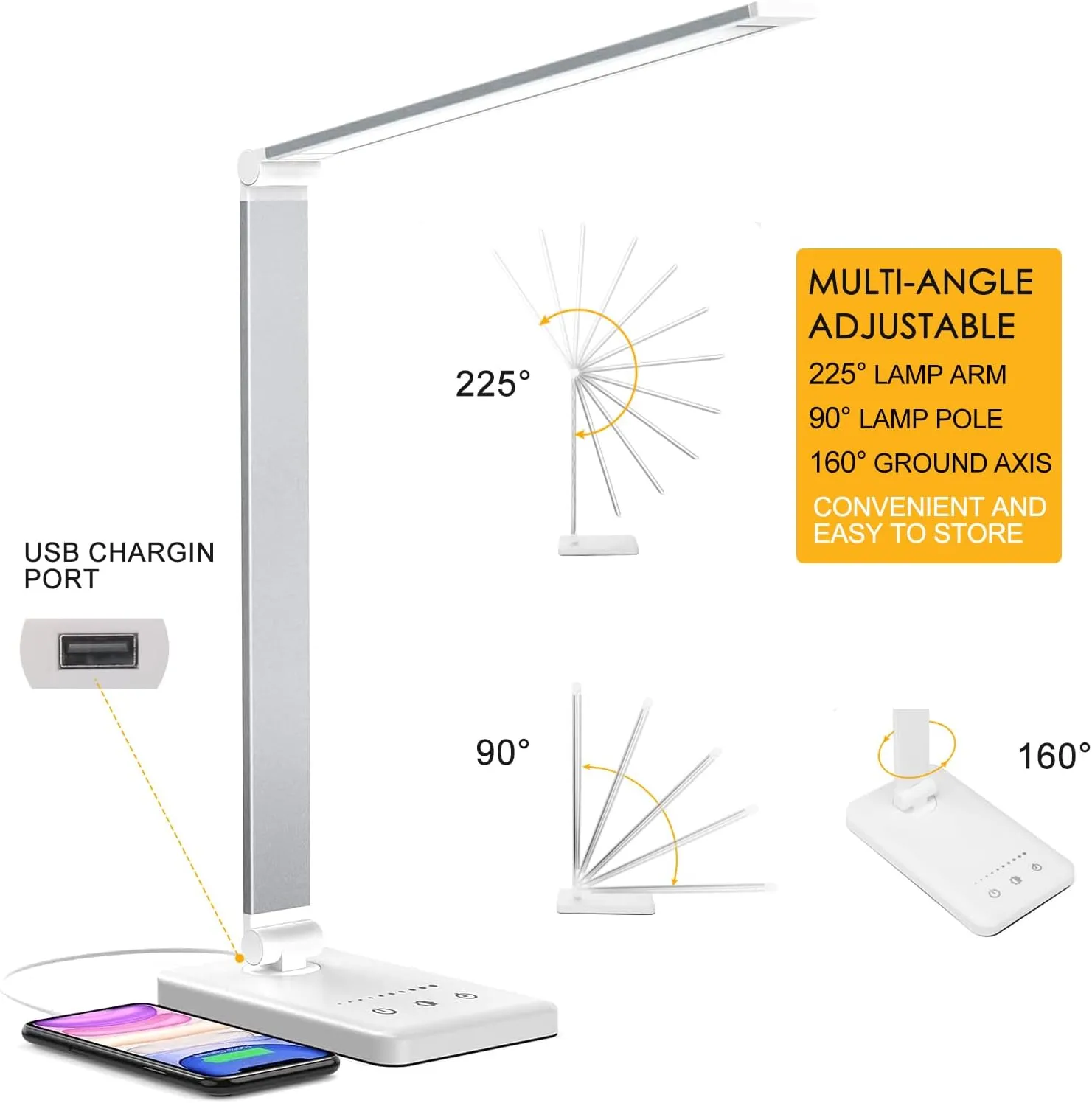 Led Desk Lamp, Desk Lamp with USB Charging Port, 5 Color Modes, 10 Brightness, Natural Light, Eye Caring Reading Lamp, Desk Light for Home Office, Table Lamp, Touch Control, Auto-Timer, White