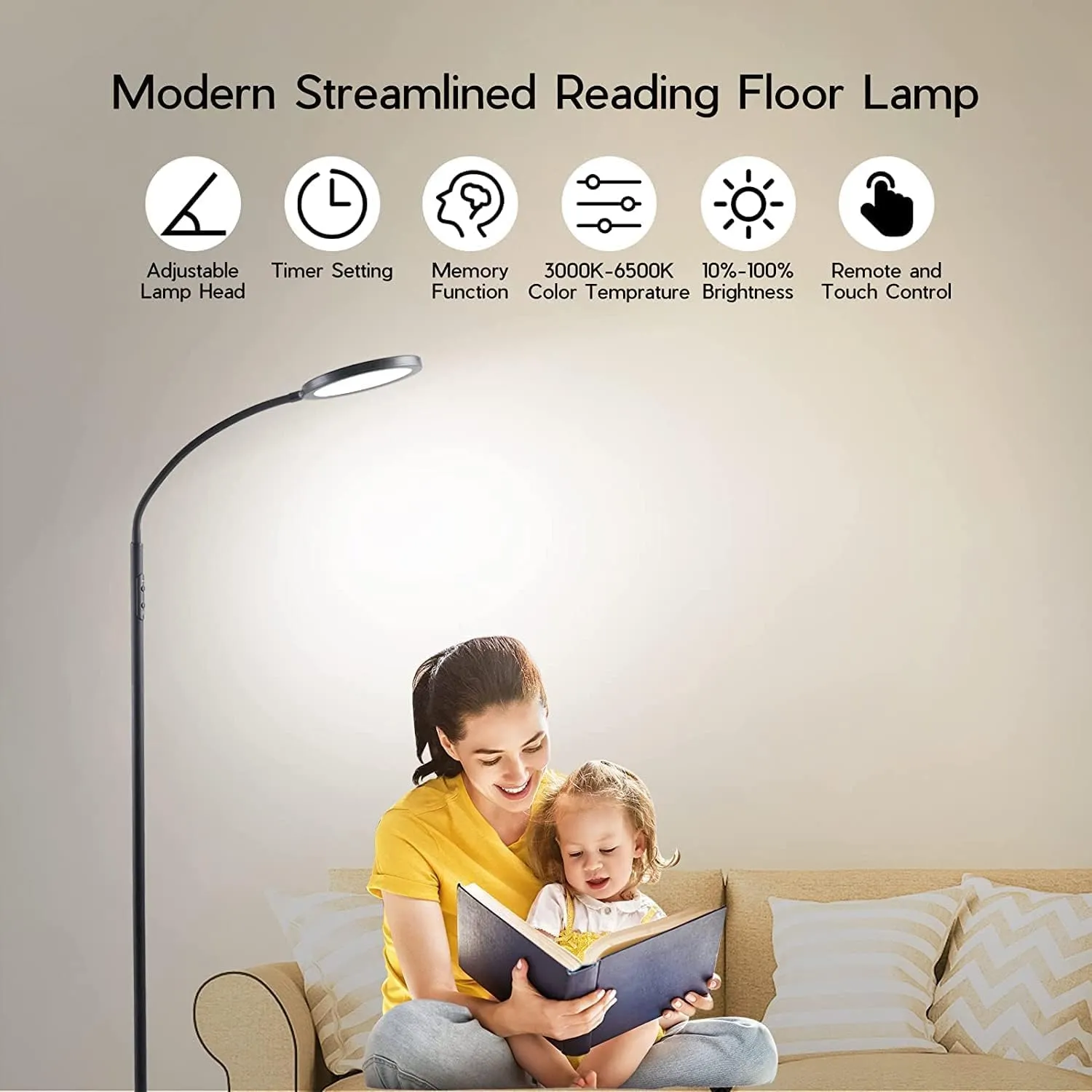 LED Floor Lamps for Living Room, Bright Modern Reading Floor Lamp with Stepless Adjust Color Temperatures & Brightness, Standing Lamp with RF Remote & Touch Control