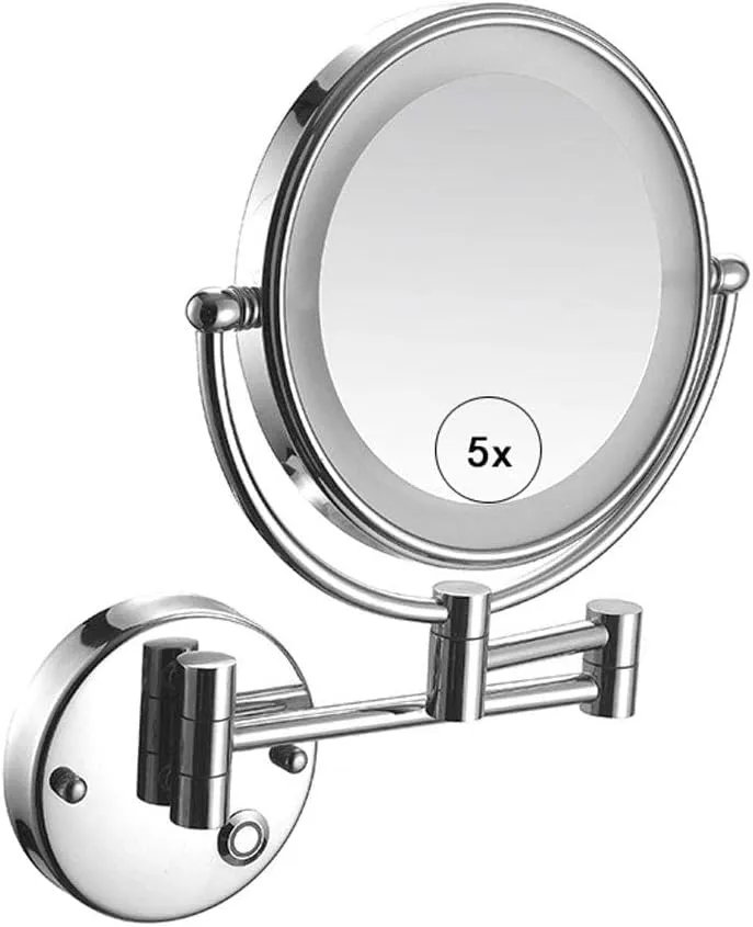 LED Lighted Wall Mount Makeup Mirror 5X Magnification Double Sided, 360° Swivel Vanity Mirror Bathroom Cosmetic Extension Mirror 8 Inch for Bedroom,Plug (Size : Plug)