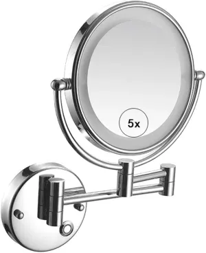LED Lighted Wall Mount Makeup Mirror 5X Magnification Double Sided, 360° Swivel Vanity Mirror Bathroom Cosmetic Extension Mirror 8 Inch for Bedroom,Plug (Size : Plug)
