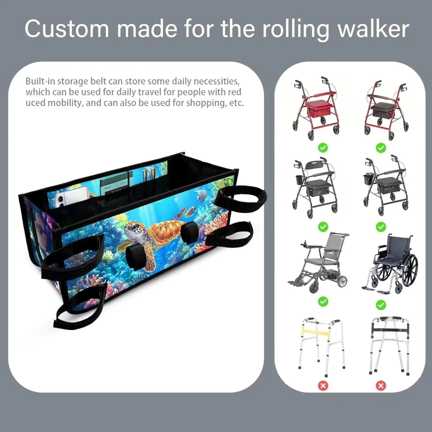 LedBack Rollator Storage Bag Foldable Rolling Walker Pouch Large Capacity Organizer Pouch Seafloor Sea Turtle Print Rollator Walker Accessories Bag for Seniors
