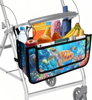 LedBack Rollator Storage Bag Foldable Rolling Walker Pouch Large Capacity Organizer Pouch Seafloor Sea Turtle Print Rollator Walker Accessories Bag for Seniors
