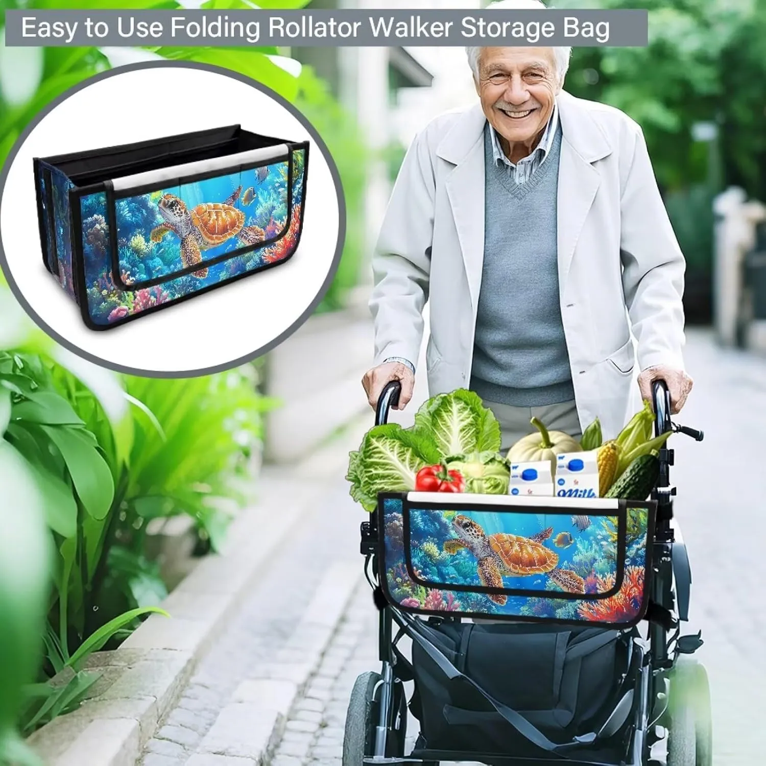 LedBack Rollator Storage Bag Foldable Rolling Walker Pouch Large Capacity Organizer Pouch Seafloor Sea Turtle Print Rollator Walker Accessories Bag for Seniors
