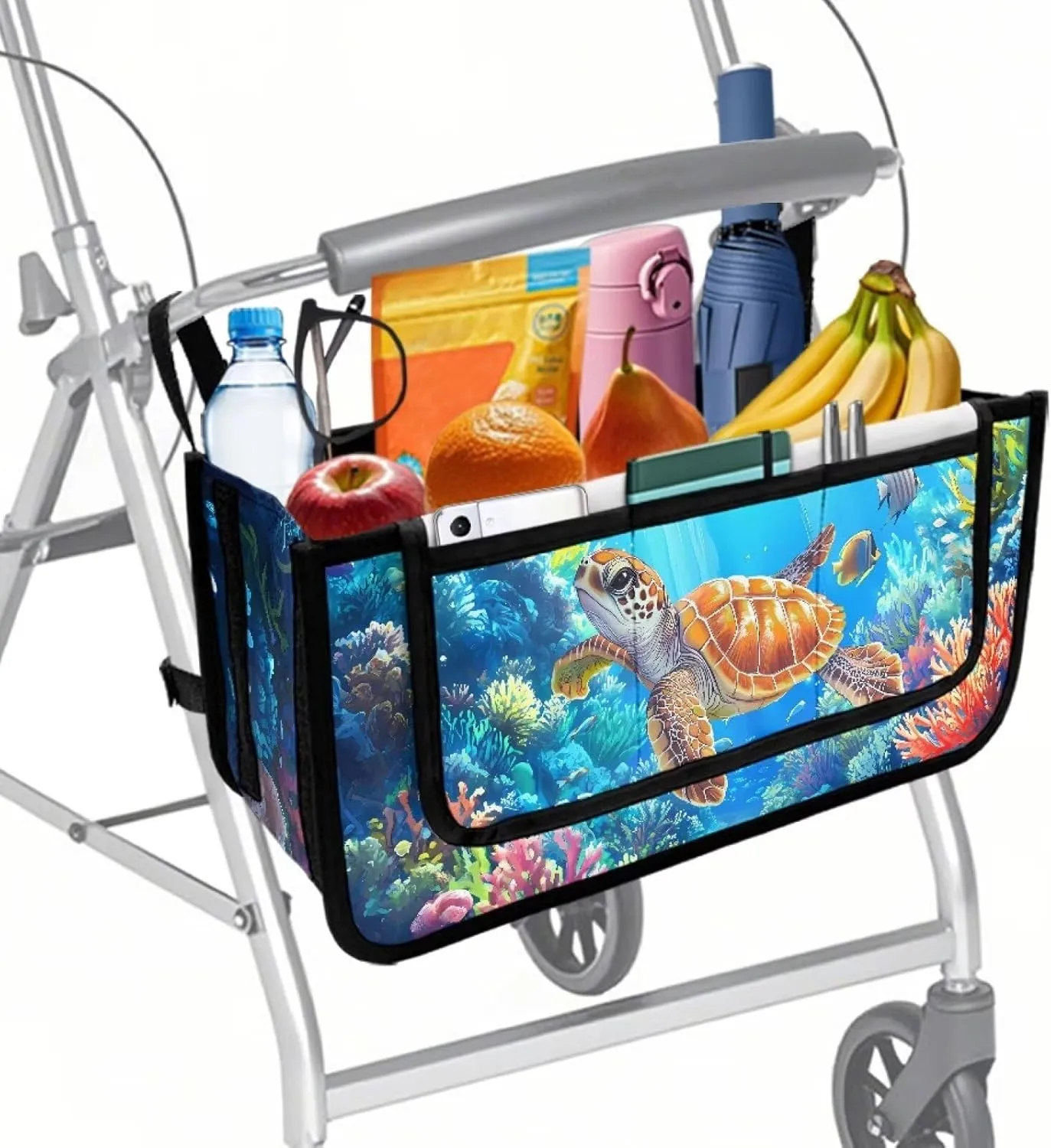 LedBack Rollator Storage Bag Foldable Rolling Walker Pouch Large Capacity Organizer Pouch Seafloor Sea Turtle Print Rollator Walker Accessories Bag for Seniors