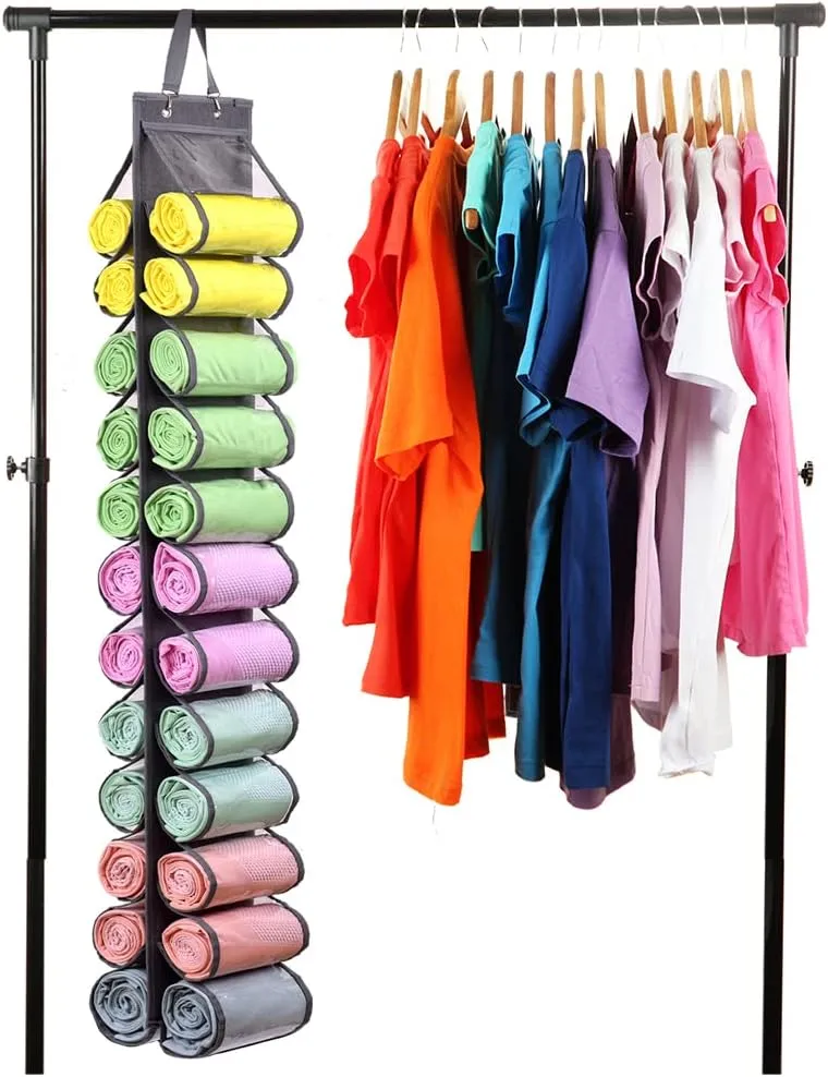 Legging Storage Bag Storage Hanger Can Holds 24 Leggings or Shirts Jeans Compartment Storage Hanger, Foldable Leggings Organizer Clothes Portable Closets Roll Holder(Grey)