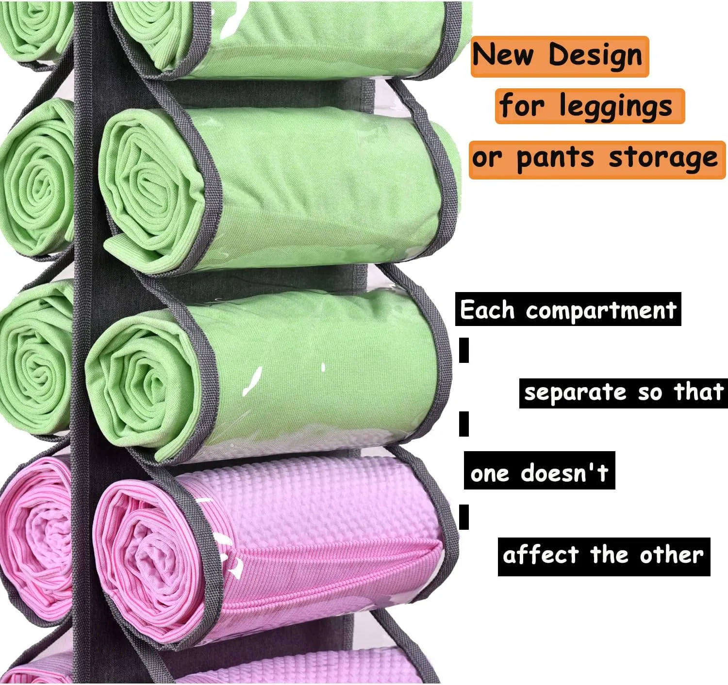 Legging Storage Bag Storage Hanger Can Holds 24 Leggings or Shirts Jeans Compartment Storage Hanger, Foldable Leggings Organizer Clothes Portable Closets Roll Holder(Grey)