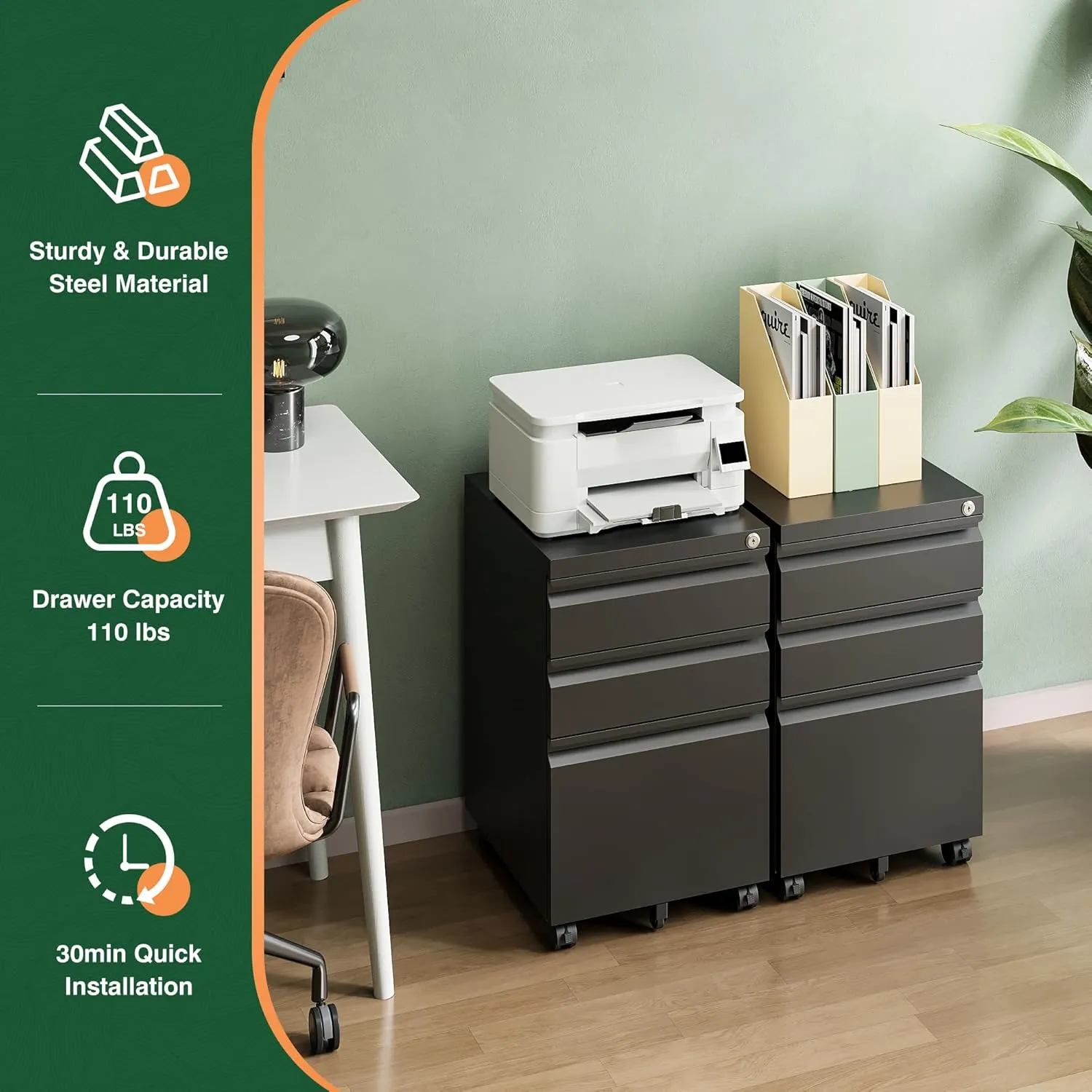 Letaya 3 Drawer Mobile File Cabinet with Lock,Under Desk Metal Filing Cabinets for Home Office Organizer Letters/Legal/A4((Fully Assembled-Black)