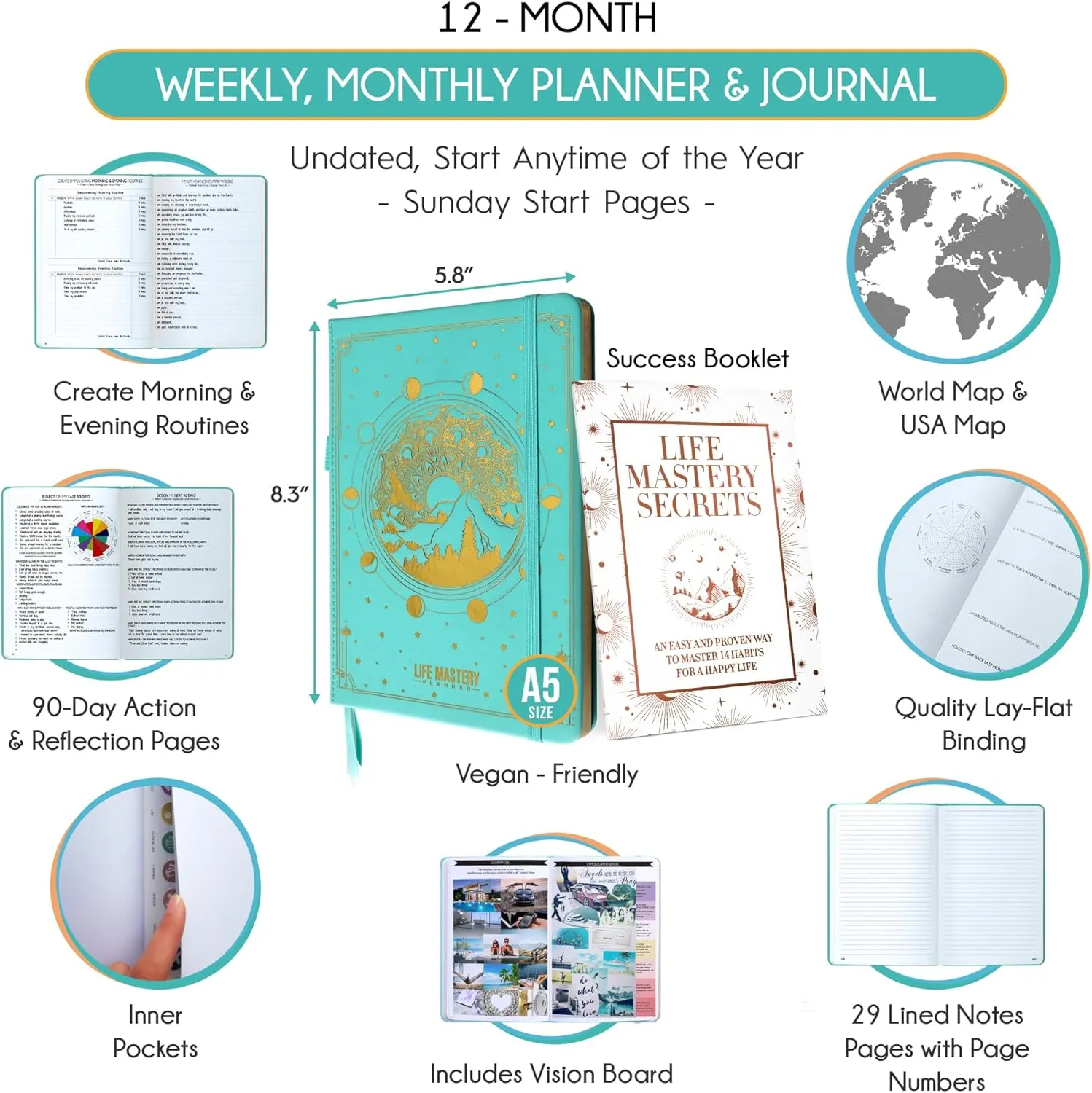 Life Mastery Planner - A 12 Month Journey to Crush Your Goals, Increase Productivity, Passion, Success & Happiness - Weekly & Monthly Life Planner, Habit-Tracker, Gratitude Journal & Organizer, A5