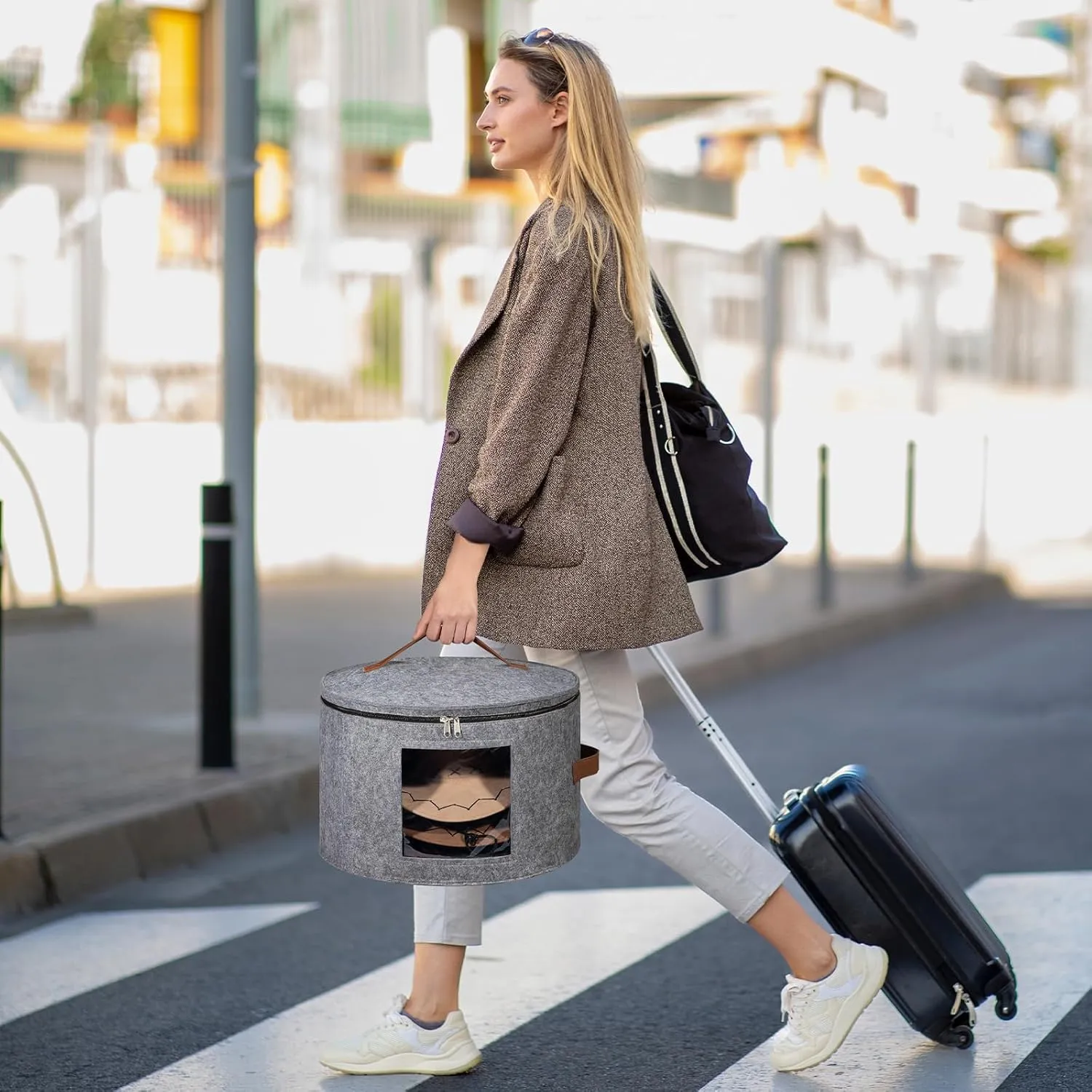 Lifewit Round Felt Hat Box, Stackable Bamboo Supports Cowboy Hat Travel Case with Dustproof Lid, Hat Organizer Bag for Women Storage, Foldable 16.5" D x 10.6" H Caps Container Carrier, 1 Pack-Gray