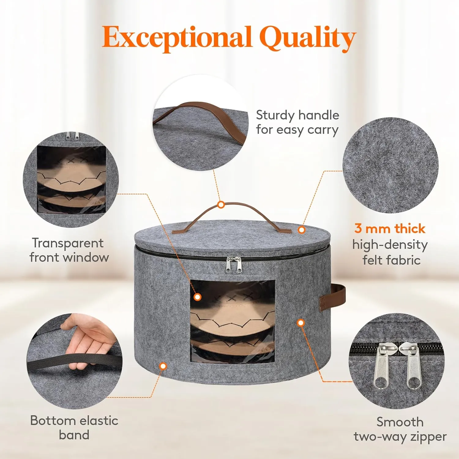 Lifewit Round Felt Hat Box, Stackable Bamboo Supports Cowboy Hat Travel Case with Dustproof Lid, Hat Organizer Bag for Women Storage, Foldable 16.5" D x 10.6" H Caps Container Carrier, 1 Pack-Gray