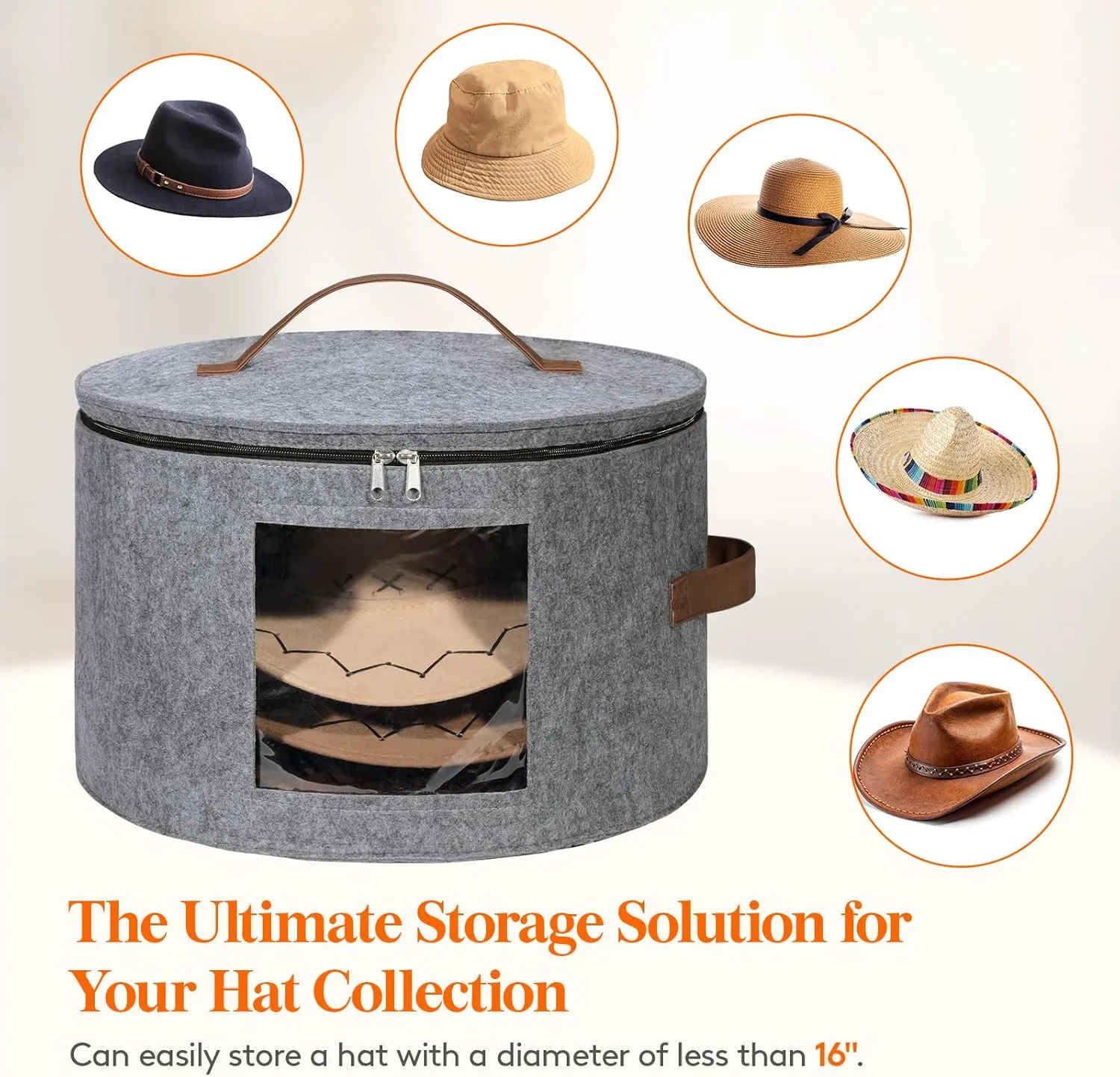 Lifewit Round Felt Hat Box, Stackable Bamboo Supports Cowboy Hat Travel Case with Dustproof Lid, Hat Organizer Bag for Women Storage, Foldable 16.5" D x 10.6" H Caps Container Carrier, 1 Pack-Gray