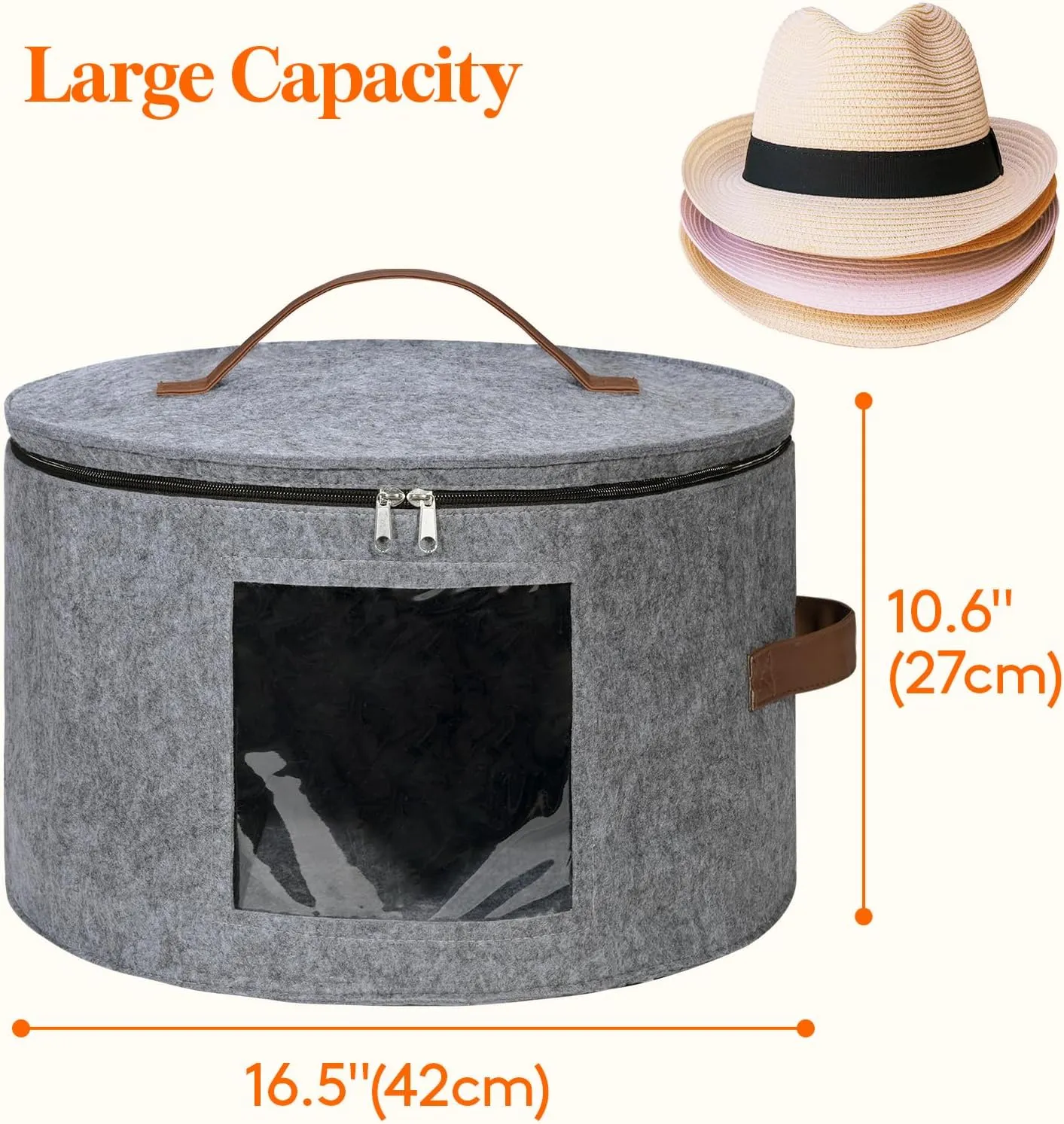 Lifewit Round Felt Hat Box, Stackable Bamboo Supports Cowboy Hat Travel Case with Dustproof Lid, Hat Organizer Bag for Women Storage, Foldable 16.5" D x 10.6" H Caps Container Carrier, 1 Pack-Gray