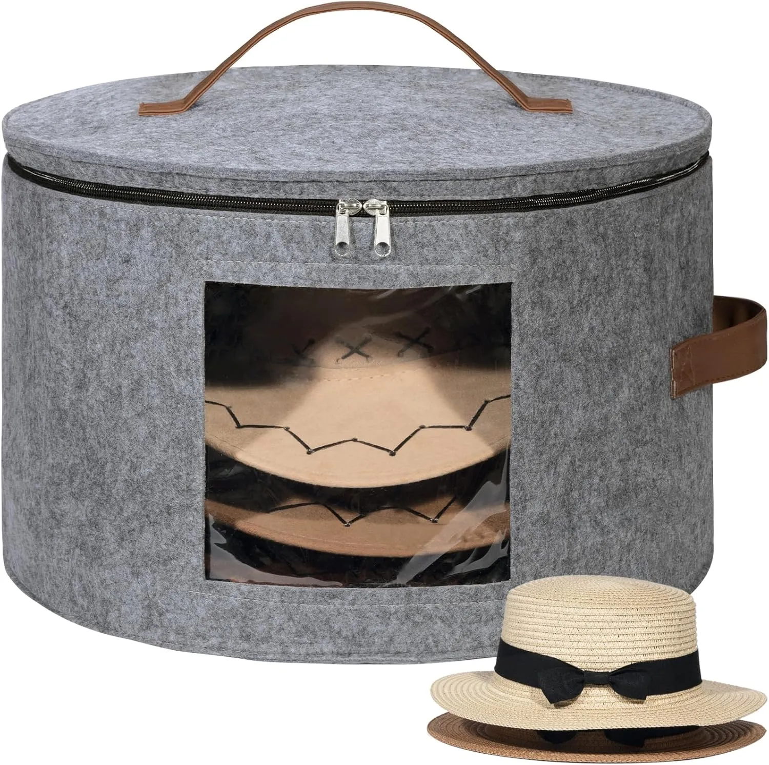 Lifewit Round Felt Hat Box, Stackable Bamboo Supports Cowboy Hat Travel Case with Dustproof Lid, Hat Organizer Bag for Women Storage, Foldable 16.5" D x 10.6" H Caps Container Carrier, 1 Pack-Gray