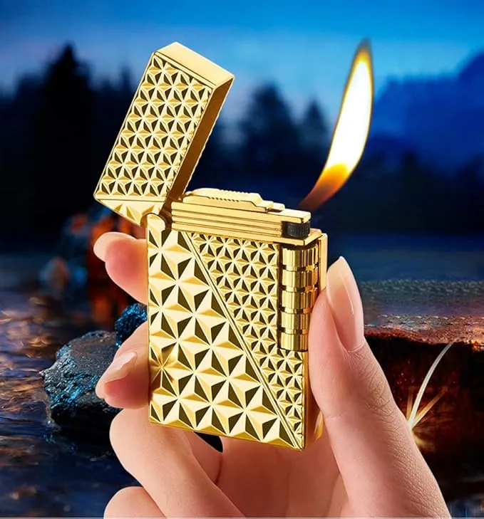 Lighters Soft Flame Lighter Traditional Flame Cigar Lighter with Adjustable Flame Dial Vertical Ignition Roller Good for Gift Outdoor Camping Hiking Fishing Grill Adventure Candle (Gold03)