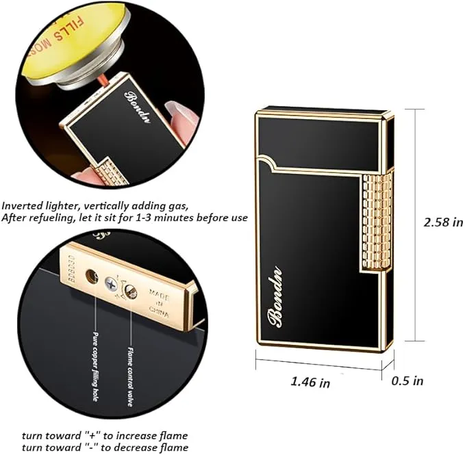 Lighters Soft Flame Lighter Windproof Refillable Butane Traditional Cigar Lighter Good for Cigarette Cigar Candle Camping Hiking Fishing BBQ (Gold)