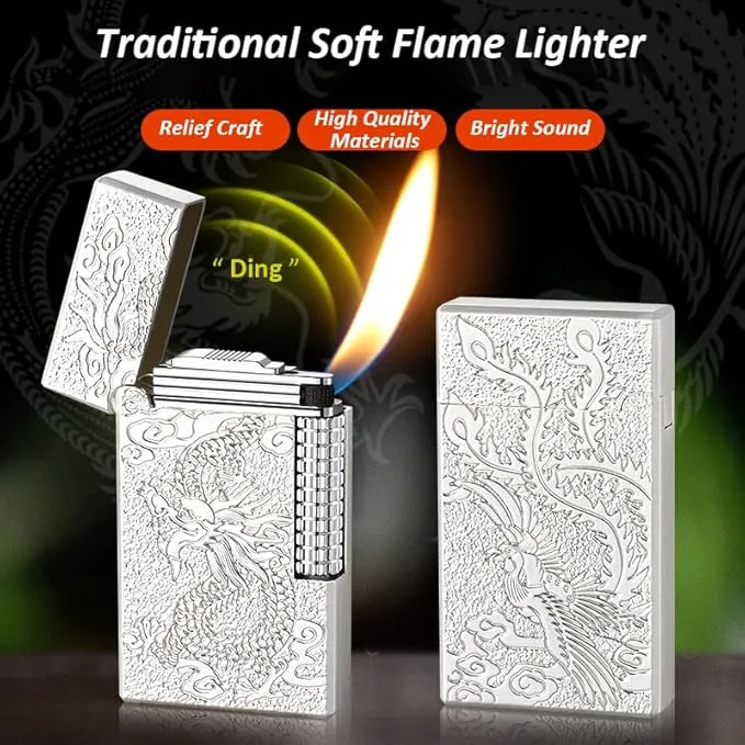 Lighters Soft Flame Lighter Windproof Refillable Butane Traditional Cigar Lighter Good for Cigarette Cigar Candle Camping Hiking Fishing BBQ (Gold)