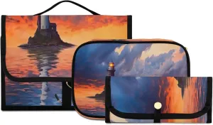 Lighthouse at Sunset Toiletry Bag 3 Pack Travel Make Up Bags Waterproof Cosmetic Bags Hanging Organizer Accessories for Women/Men