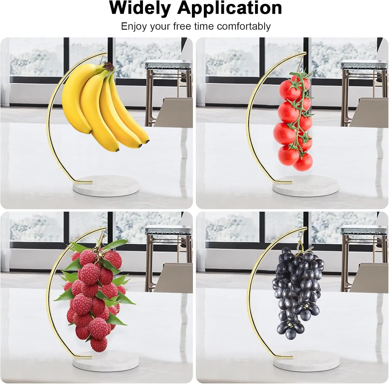 Livabber Banana Holder with Marble Base, Metal Banana Hanger Modern Tree Stand with Hook, Stylish Banana Keeper Fresh Fruit Storage Organizer Freestanding for Kitchen Countertop (Gold, Single Hook)