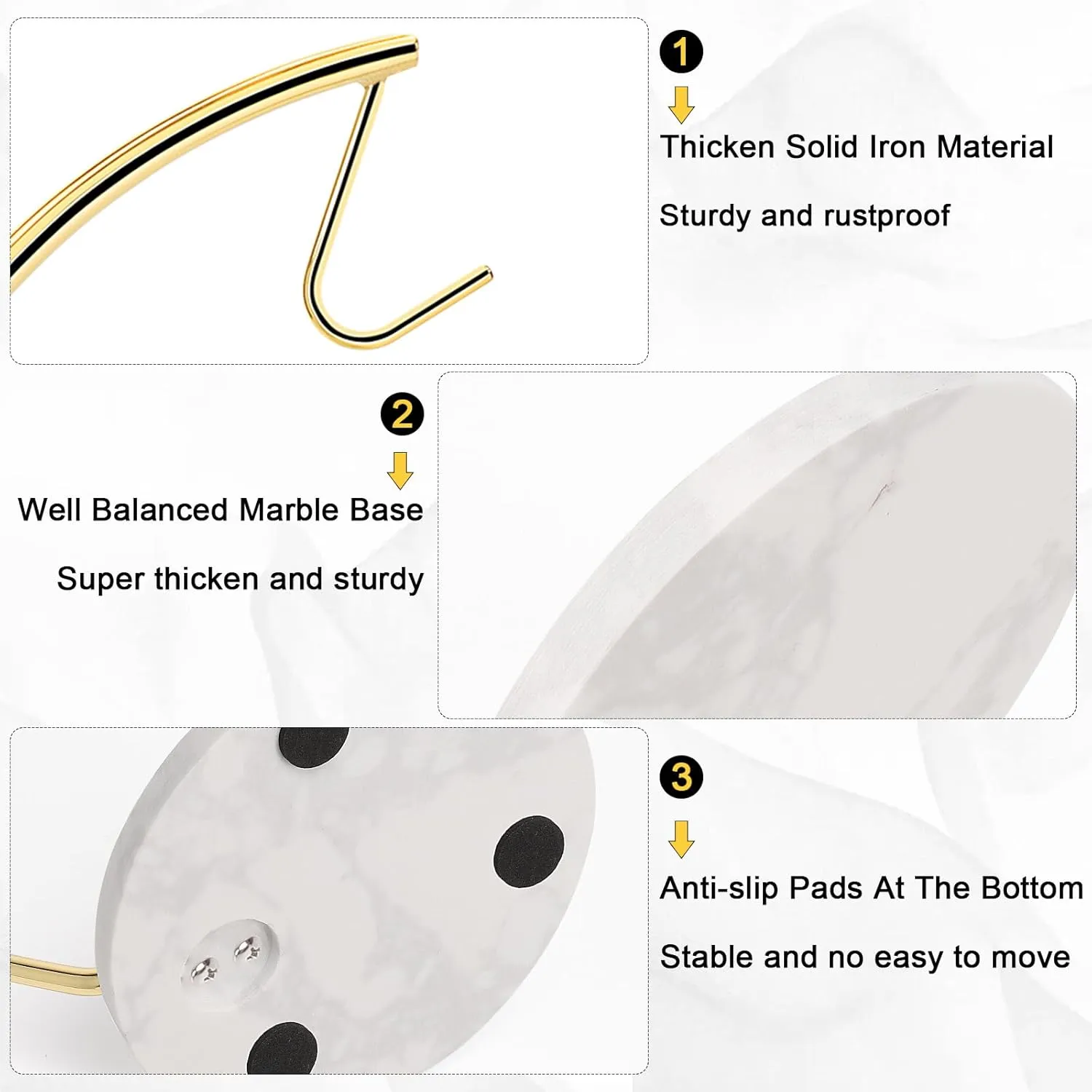 Livabber Banana Holder with Marble Base, Metal Banana Hanger Modern Tree Stand with Hook, Stylish Banana Keeper Fresh Fruit Storage Organizer Freestanding for Kitchen Countertop (Gold, Single Hook)