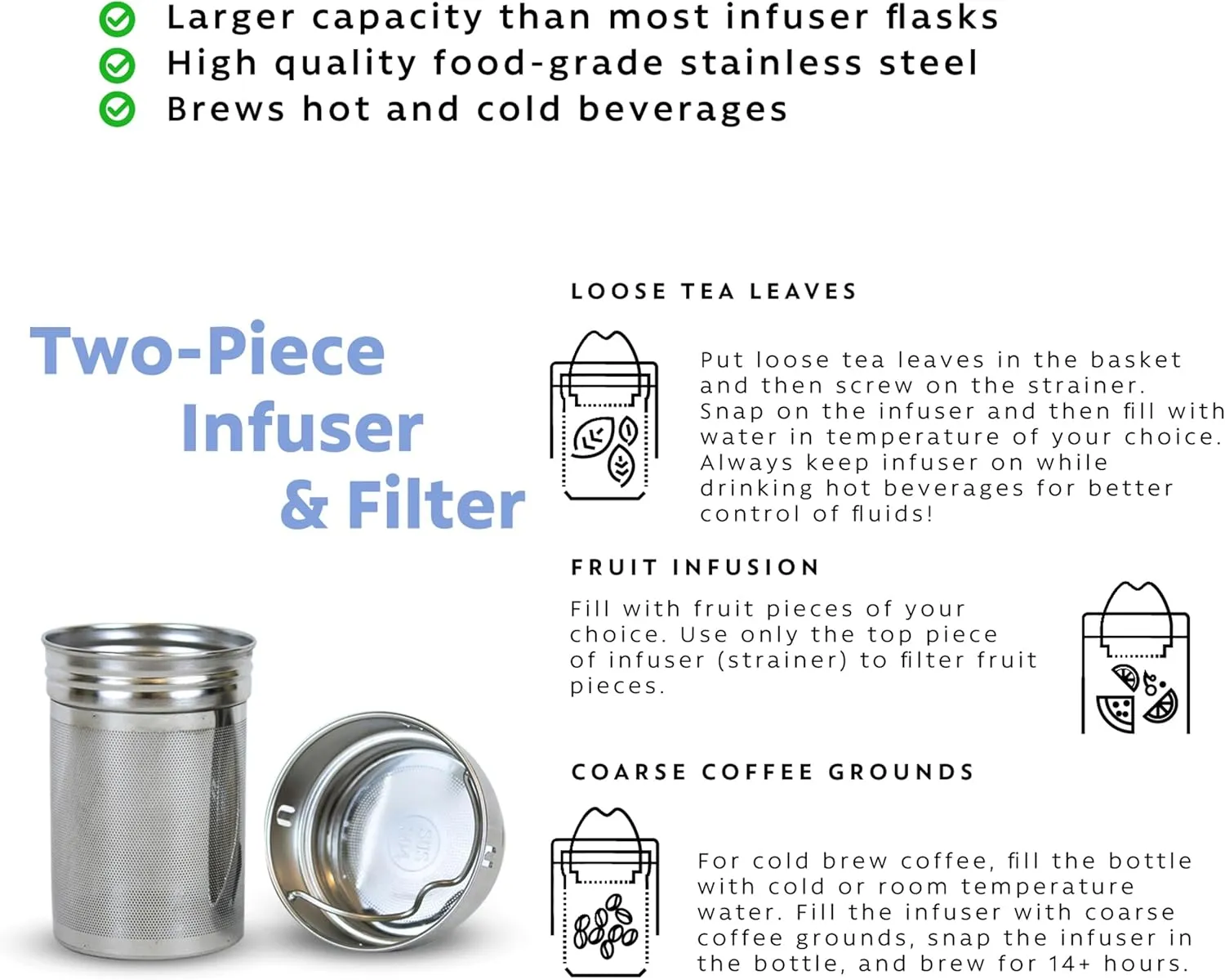 London Sip 25 oz Multi-Function Travel Mug and Tumbler Tea Infuser Water Bottle Fruit Infuser Flask Hot and Cold Double Wall Stainless Steel Coffee Thermos, Cosmic Silver