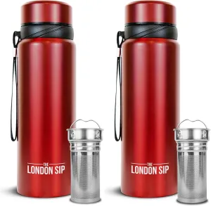 London Sip 25 oz Multi-Function Travel Mug and Tumbler Tea Infuser Water Bottle Fruit Infuser Flask Hot and Cold Double Wall Stainless Steel Coffee Thermos, Sacred Red, Pack of 2