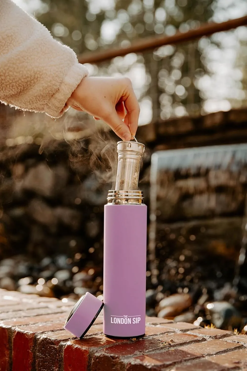 London Sip Multi-Purpose Travel Mug and Tumbler Fruit Infused Flask Hot and Cold Double Wall Stainless Steel Thermos with Extra-Long Infuser, Gentle Lilac, Pack of 2