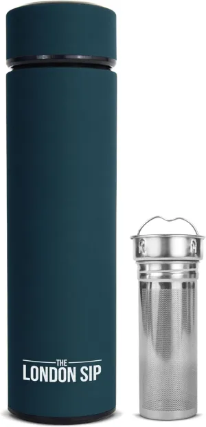 London Sip Multi-Purpose Travel Mug and Tumbler Fruit Infused Flask Hot and Cold Double Wall Stainless Steel Thermos with Extra-Long Infuser, Midnight Teal