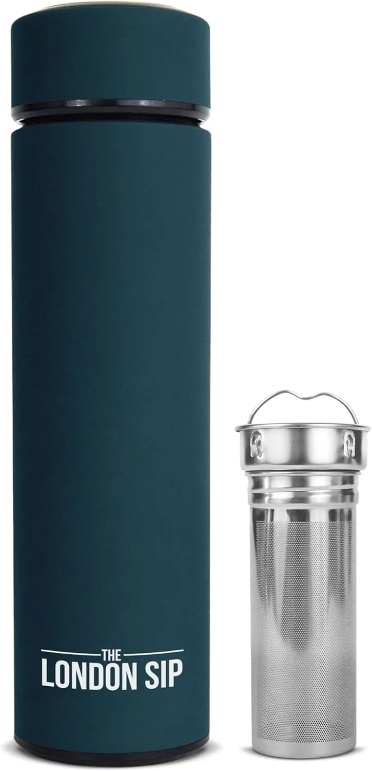 London Sip Multi-Purpose Travel Mug and Tumbler Fruit Infused Flask Hot and Cold Double Wall Stainless Steel Thermos with Extra-Long Infuser, Midnight Teal