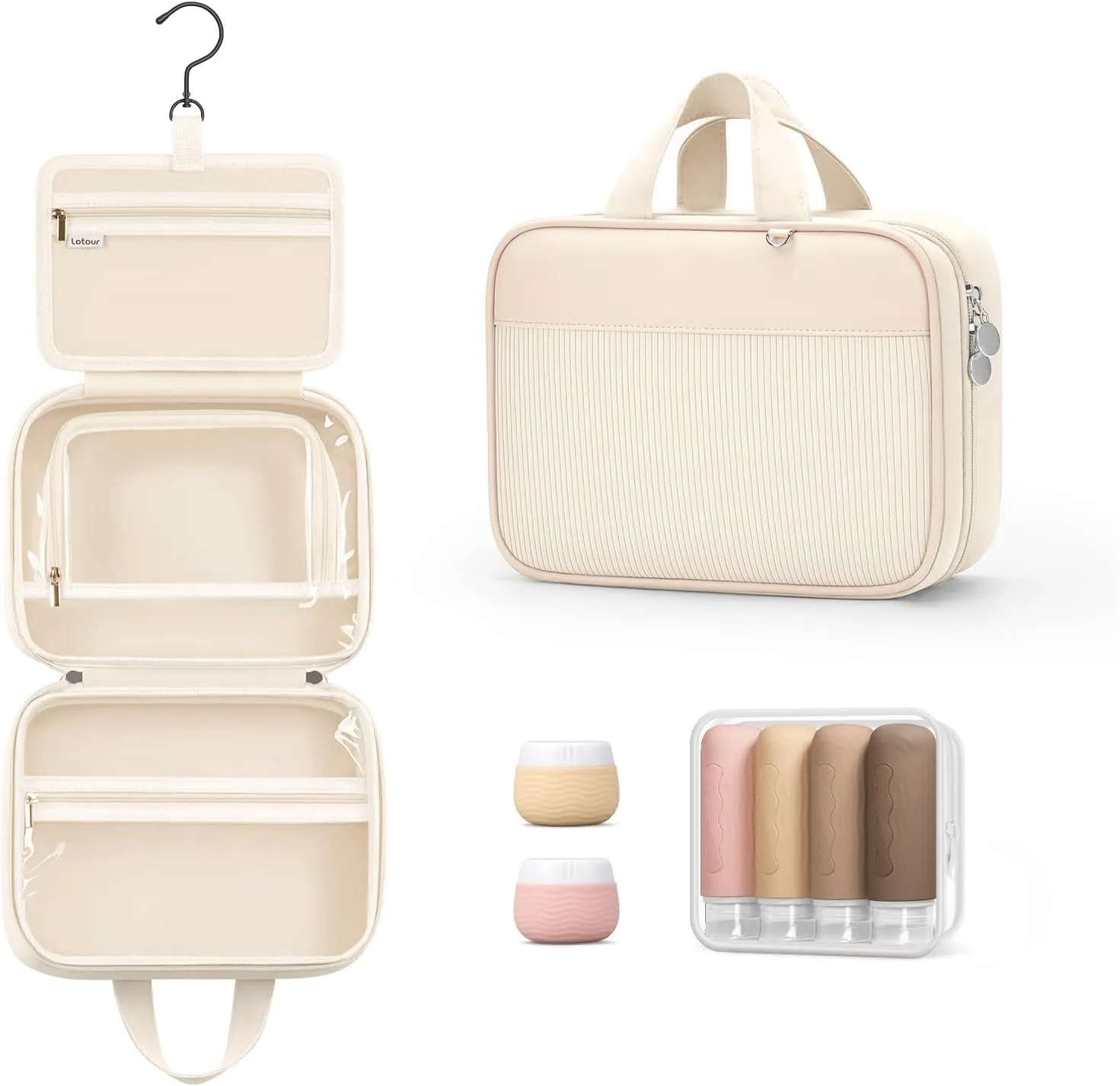 Lotour Travel Toiletry Bag for Women with Travel Size Silicone Containers Set, Hanging Toiletry Bag for toiletries, Cosmetic Bag Travel Organizer (White)