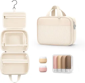 Lotour Travel Toiletry Bag for Women with Travel Size Silicone Containers Set, Hanging Toiletry Bag for toiletries, Cosmetic Bag Travel Organizer (White)